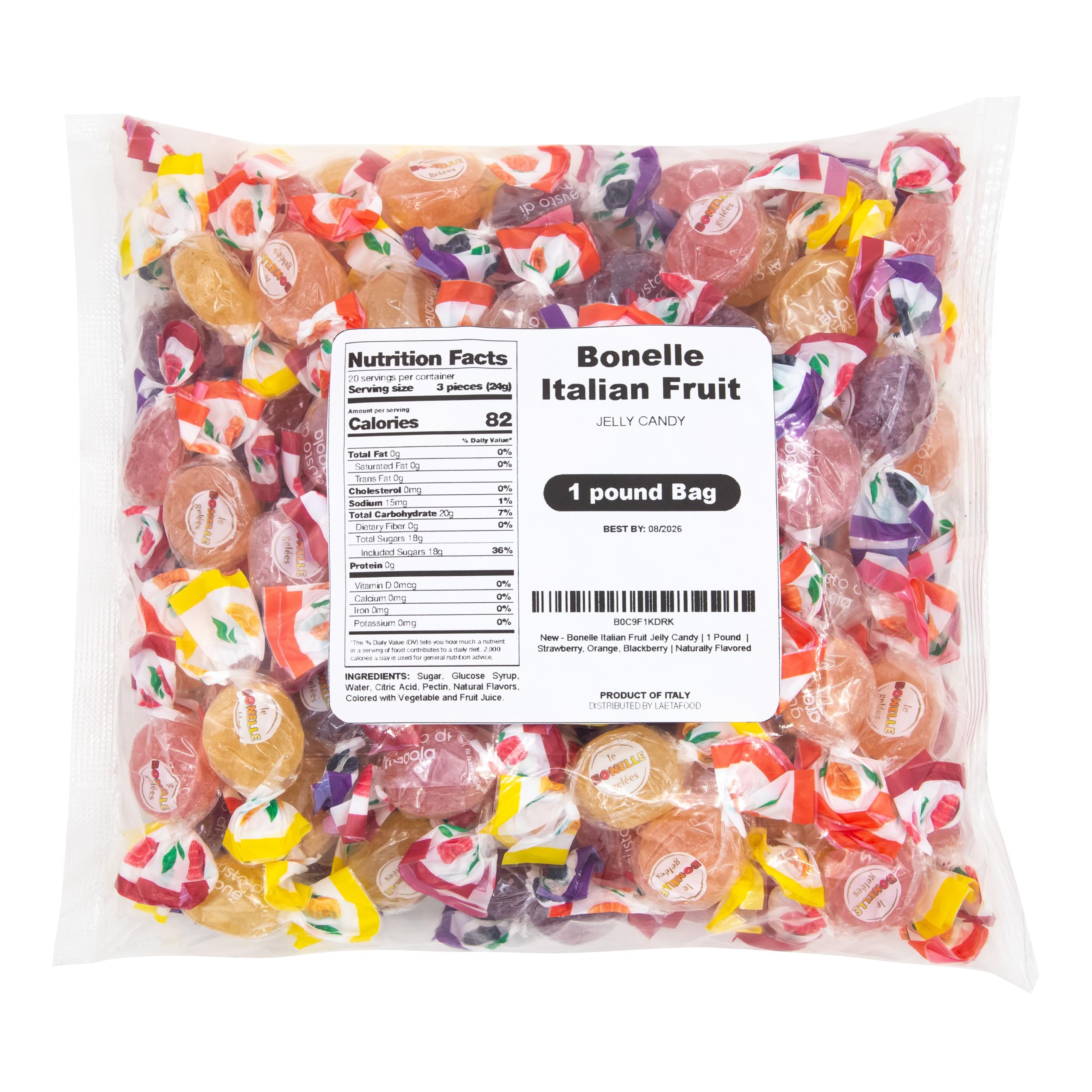 Bonelle Italian Fruit Jelly Candy | 1 Pound Bag | Vegan Dye Free Candy Individually Wrapped | Lemon, Strawberry, Orange, Blackberry | Naturally Flavored