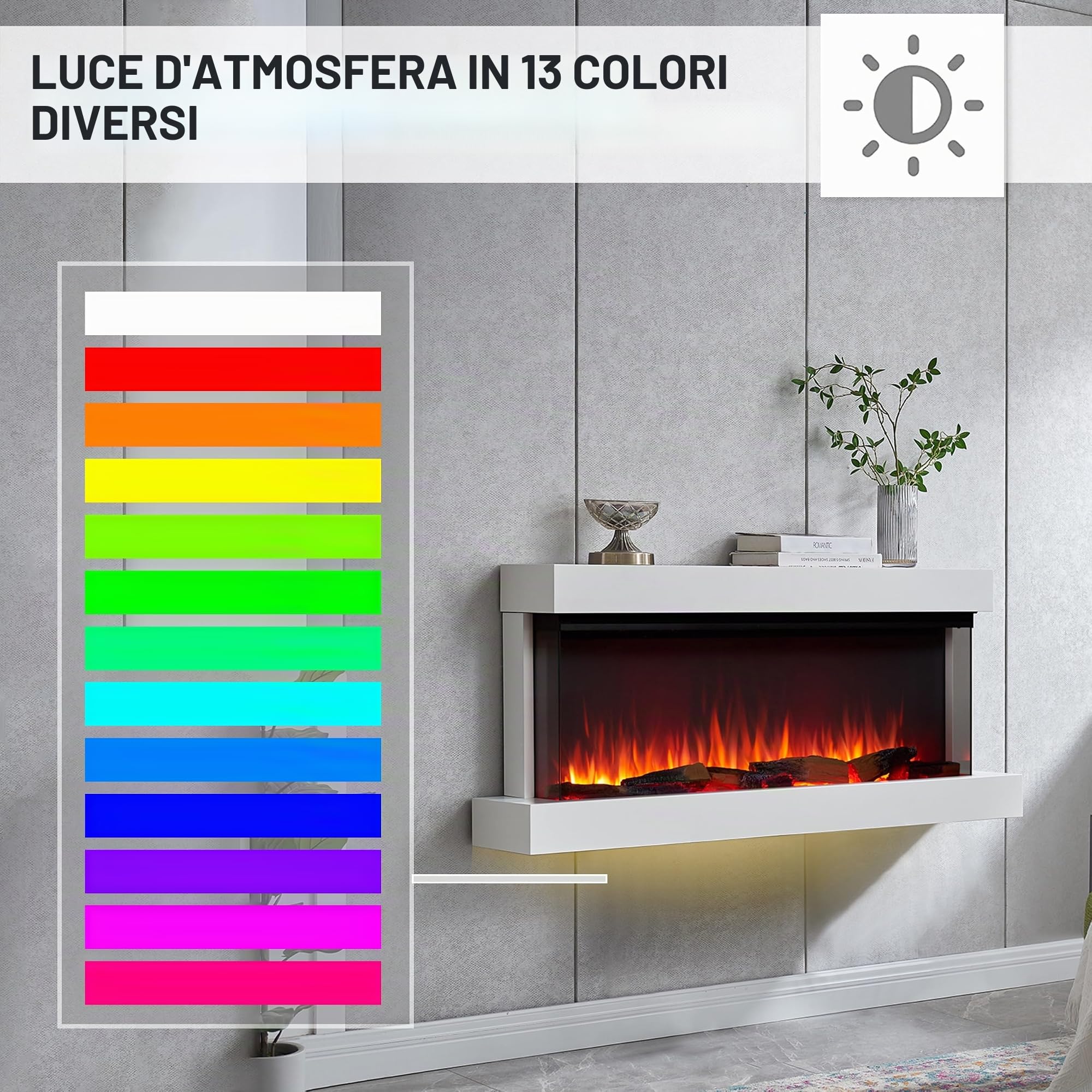 BALDERIA Camino elettrico Achilles L | Camino elettrico da parete con effetto fiamma 3D | Riscaldamento 1500 W, illuminazione a LED, WiFi, controllo app, suono scoppiettante, telecomando, timer e