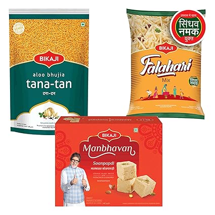 Bikaji Soan papdi manbhavan 500g & tana-tan aloo bhujia 200g & falhari mix 200g | Indian Sweet & Savory Snack Combo | 900g (31.74oz) Gift Pack