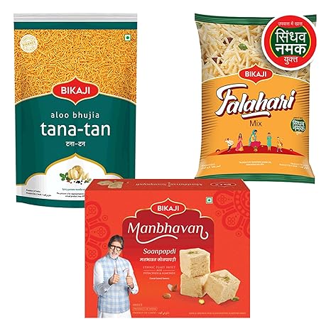 Bikaji Soan papdi manbhavan 500g & tana-tan aloo bhujia 200g & falhari mix 200g | Indian Sweet & Savory Snack Combo | 900g (31.74oz) Gift Pack