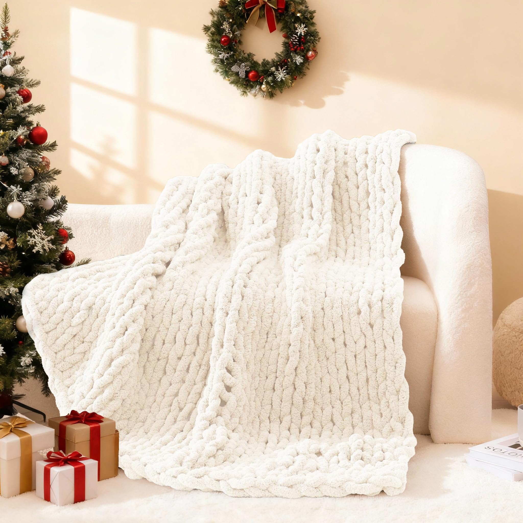 wrensonge chunky knit blanket throw ivory large soft fluffy cable knit crochet throw 100% hand knitted blanket for couch bed(50"x60")