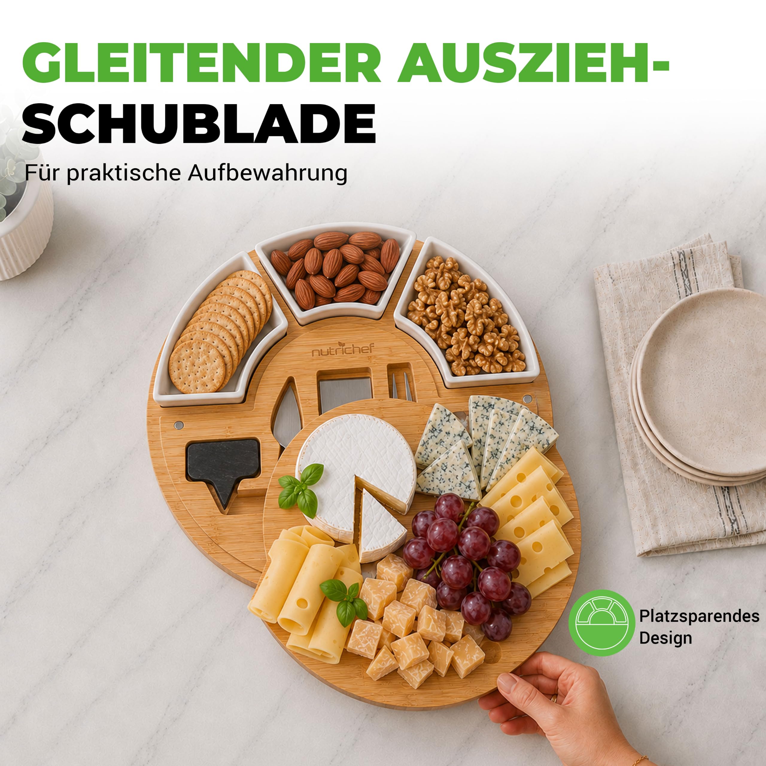 NutriChef Bambus Käsebrett Set - 33 cm Rund mit Schublade – Charcuterie Brett und Käseplatte mit Käsemesser Set, Servierbrett Geschenk für Hochzeit und Party