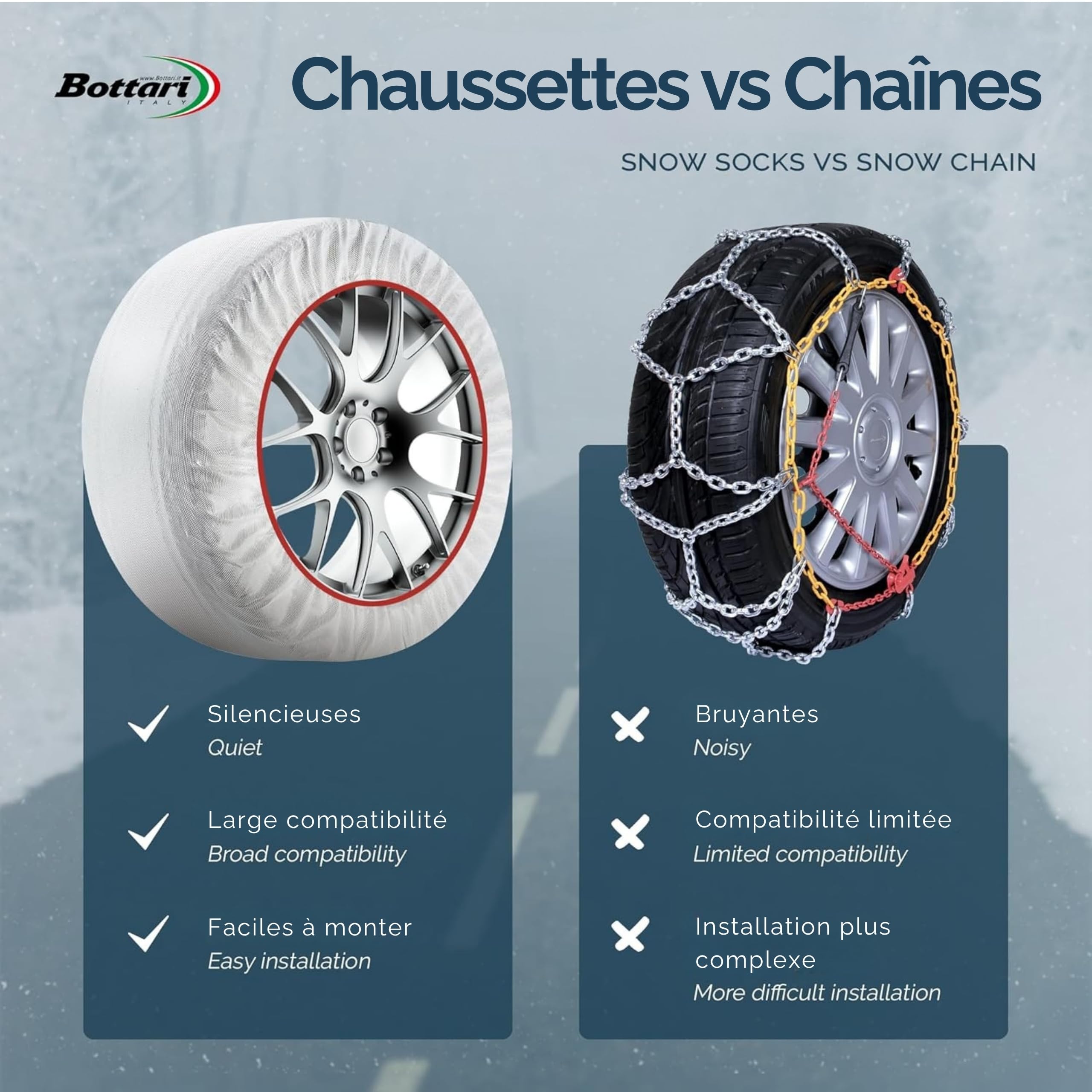 Bottari Chaussettes de neige, chaussettes de neige approuvées pour l'Italie, tailles S à XXL