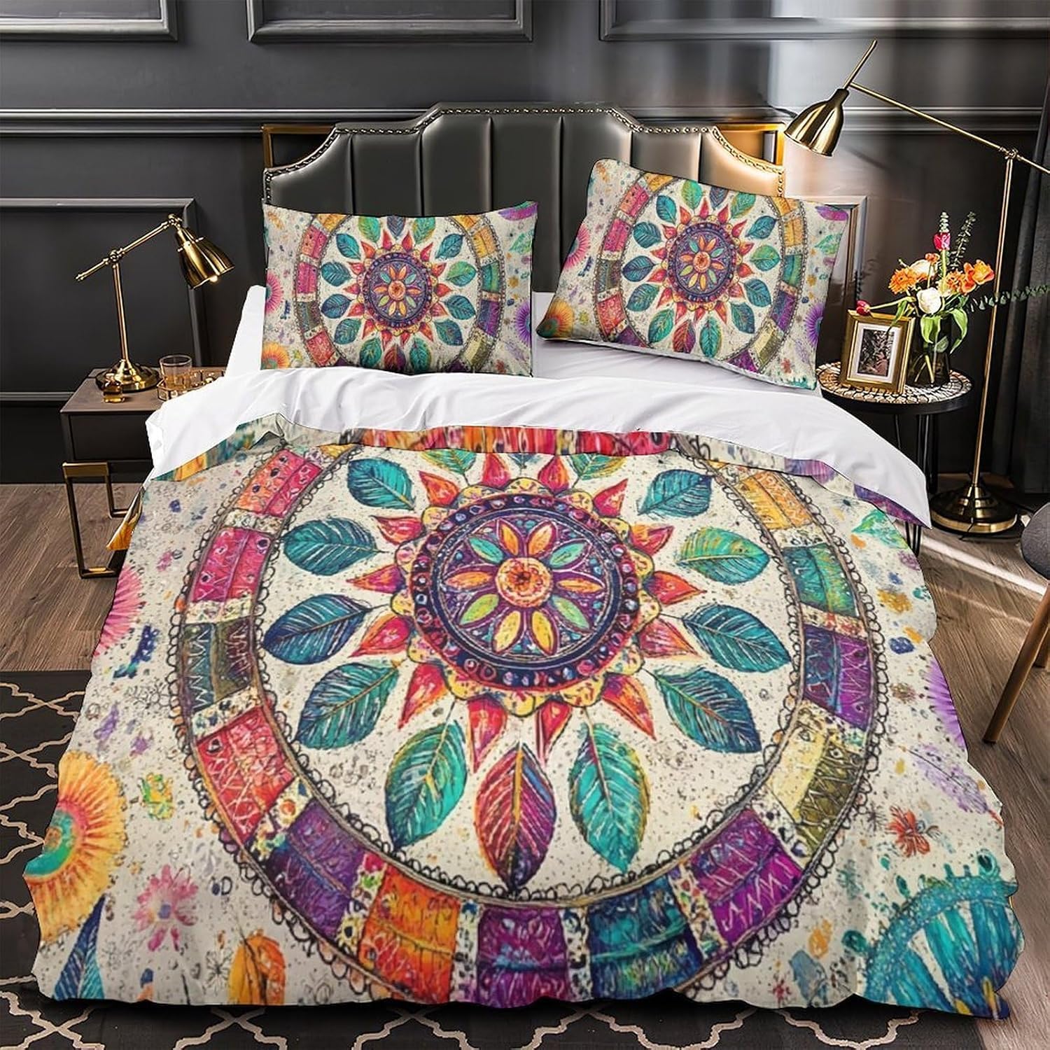 Funda Nordica Cama 135/150 Diseño de Mandala Ropa de Cama 3D Estilo Bohemio 3 Piezas Suave Transpirable Microfibra Funda Nórdica 240x220 cm y 2 Fundas de Almohada 50x75 cm C.2768