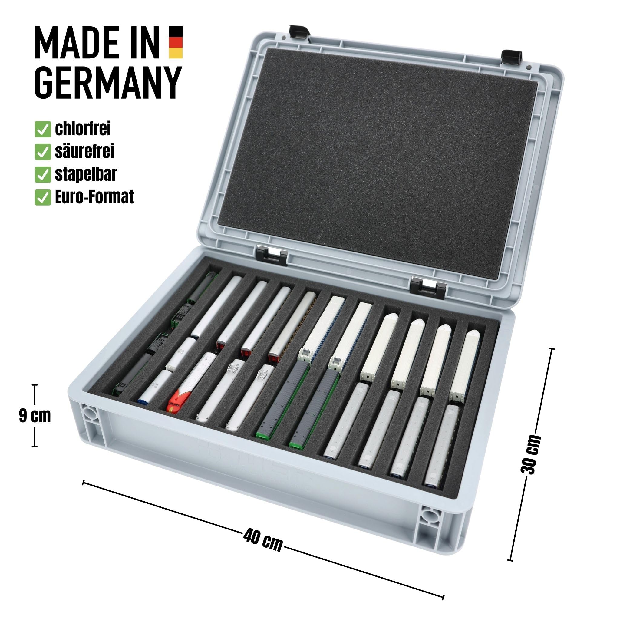 Feldherr Eurobox 40 x 30 cm Set für Modelleisenbahnen - Spur Z - 11 Fächer - Schaumstoffeinlage für stehende Aufbewahrung - kompakte Transportlösung für Loks und Waggons