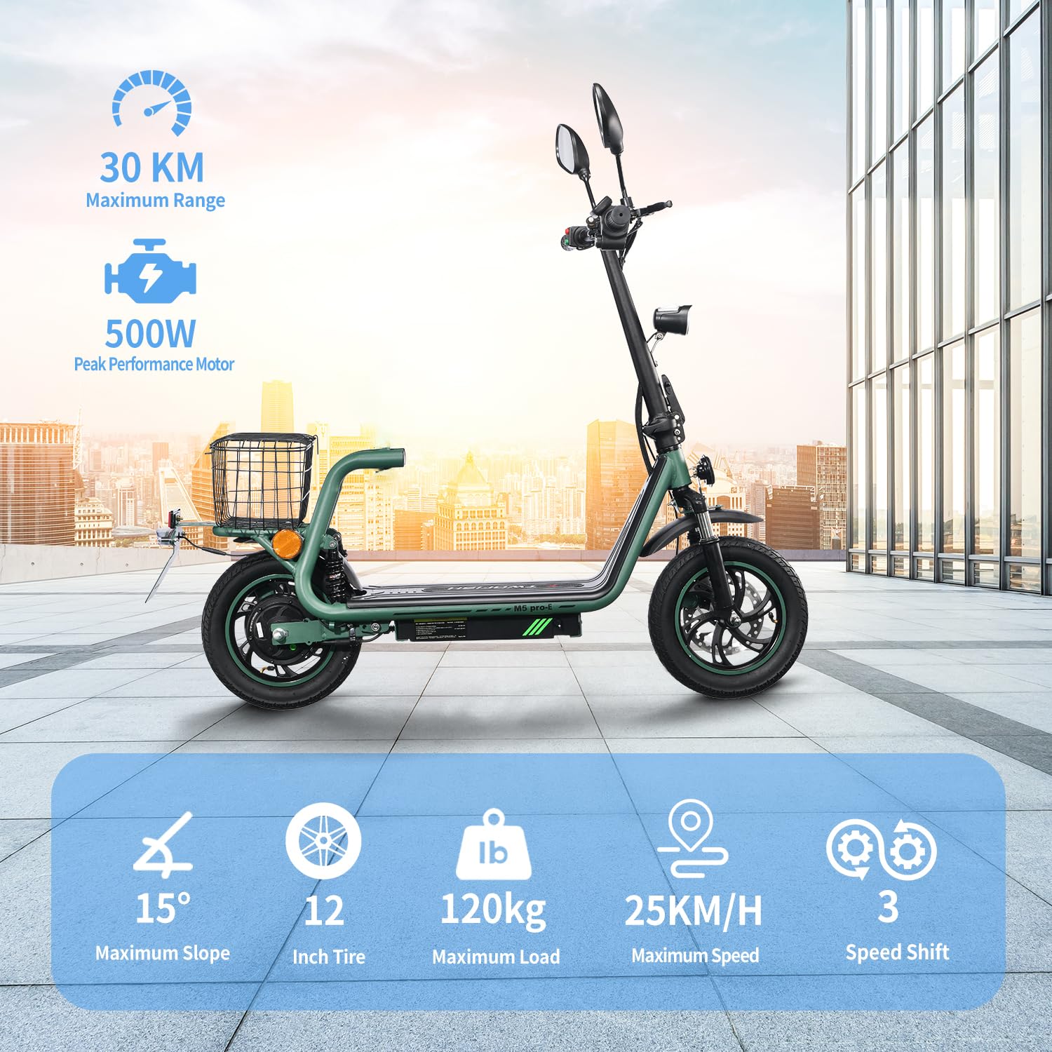 TWOFISH Monopattino Elettrico per Adulti, Scooter Elettrico da 12 Pollici Dotato di Motore da 500 W, Batteria da 48 V 13 Ah, Velocità Massima di 25 km/h, Capacità di Carico di 120 kg