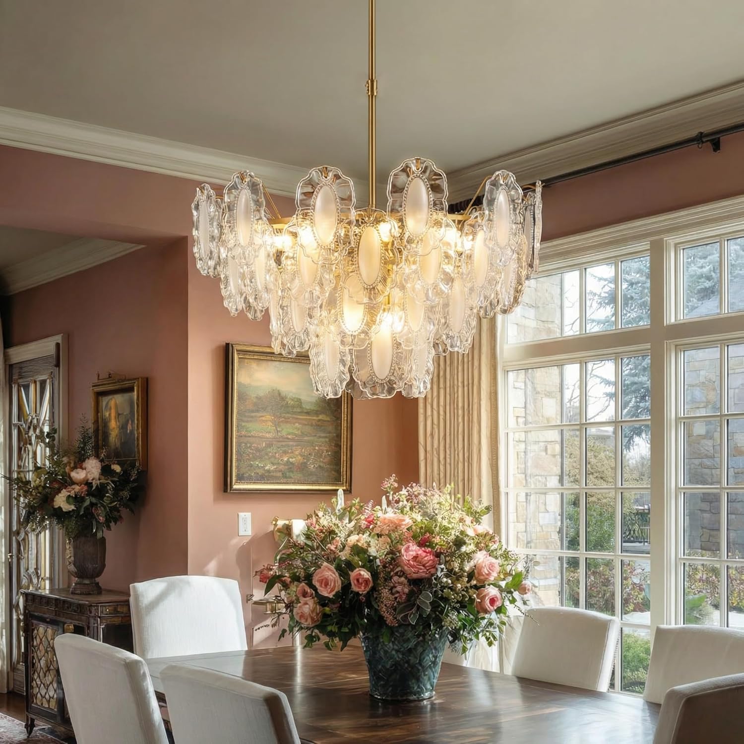 Gold Crystal Chandelier,24-inch Glass Kitchen Island Lights,10 Lights Dining Room Hanging Pendant Light Fixture for Living Room, Bedroom,Foyer, Bathroom,Entryway, Brass Finish, D23.62 xH19.68