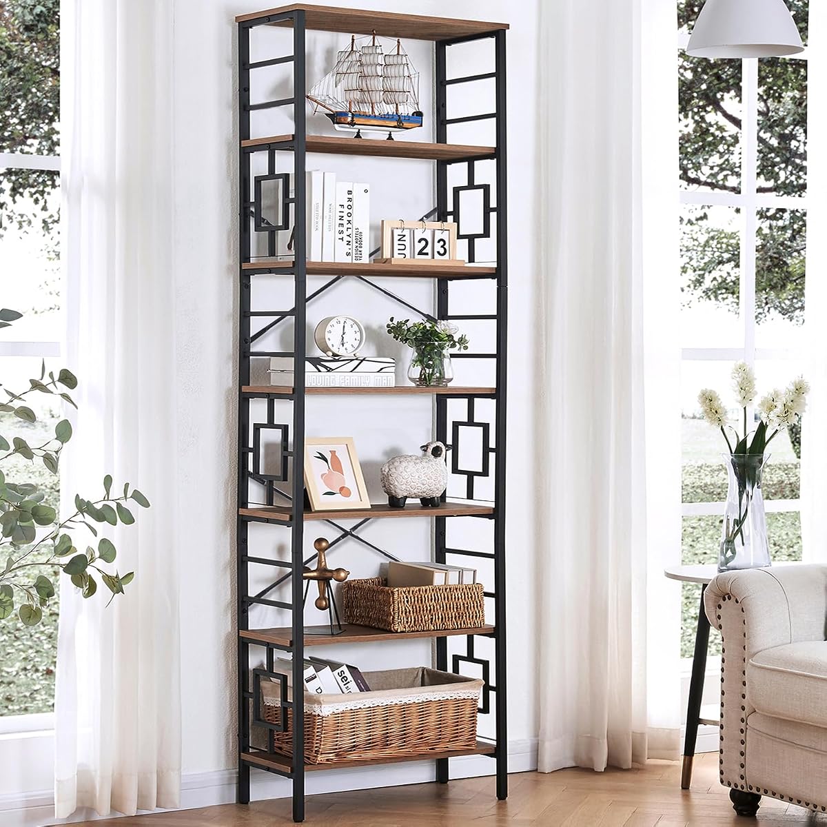 HOMISSUE Estantería alta, estantería industrial de 84 pulgadas con marco de metal y estantes abiertos, estanterías y librerías de metal de 7 niveles, estantería alta rústica para oficina, sala de estar y dormitorio, marrón