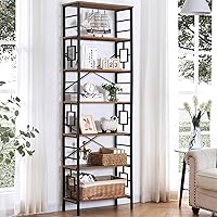 HOMISSUE 84 Inch Tall 7-Tier Industrial Bookshelf Rustic Brown Metal Frame Open Shelves Bookcase for Living Room Office Bedroom