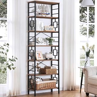 HOMISSUE 84 Inch Tall 7-Tier Industrial Bookshelf Rustic Brown Metal Frame Open Shelves Bookcase for Living Room Office Bedroom