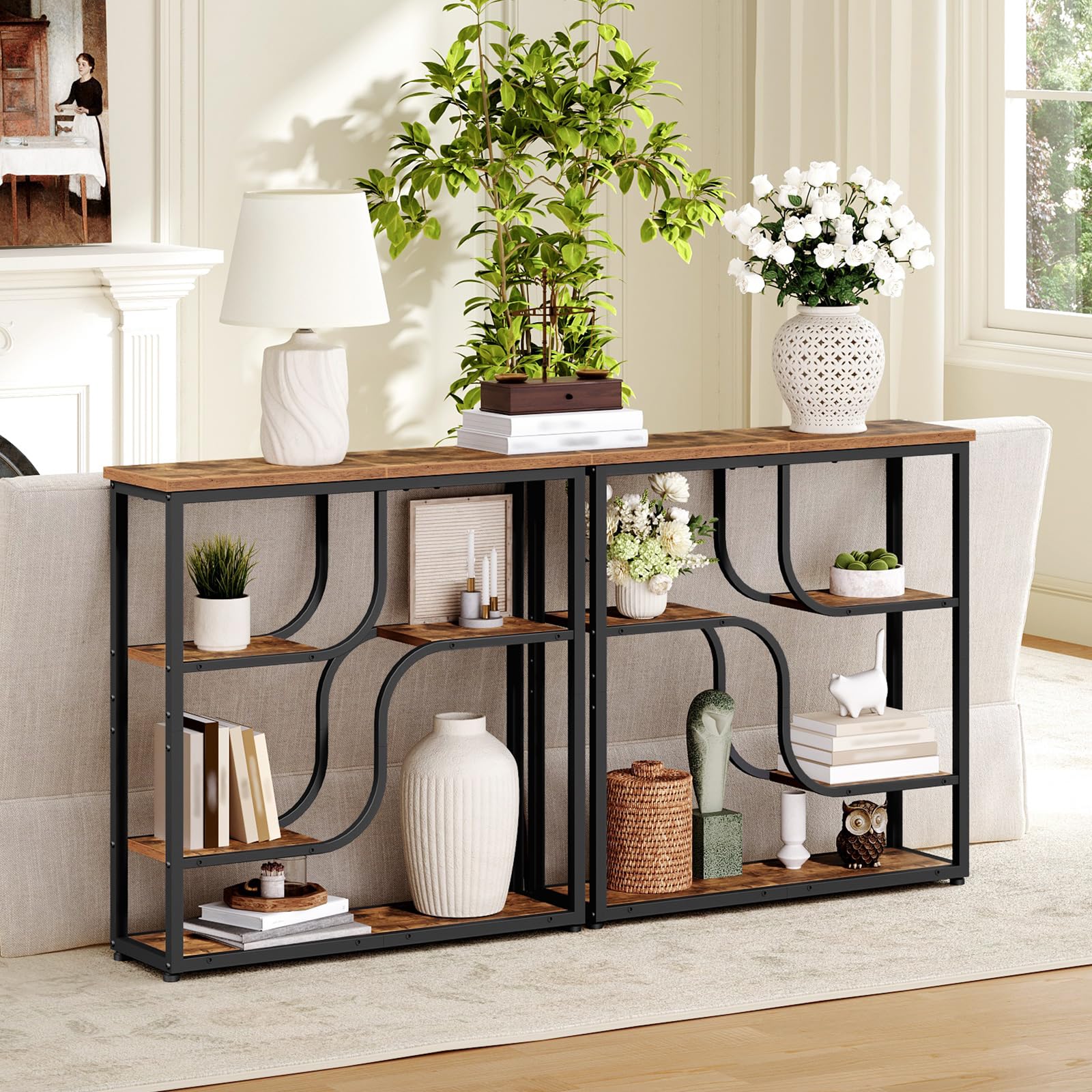 HOOBRO Console Meuble Étroite à 5 Étages, Table d’Entrée Style Industriel Rétro, pour Entrée, Salon, Couloir, Cadre en Fer et Plateau à Motifs de Bois, Marron Rustique et Noir EBF69XG01