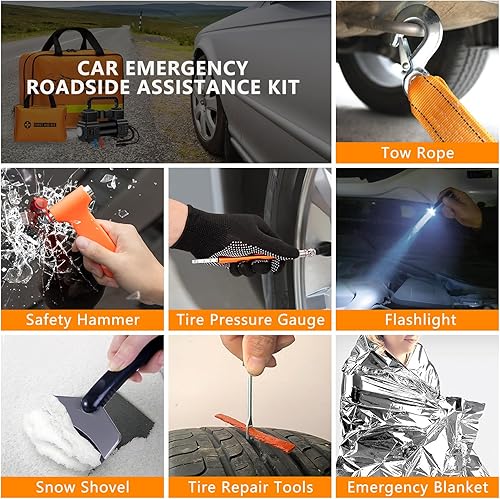 Miniatura 8 de HLWDFLZ Kit de emergencia para automóvil con compresor de aire portátil, kit de emergencia de asistencia en carretera, asistencia de viaje de