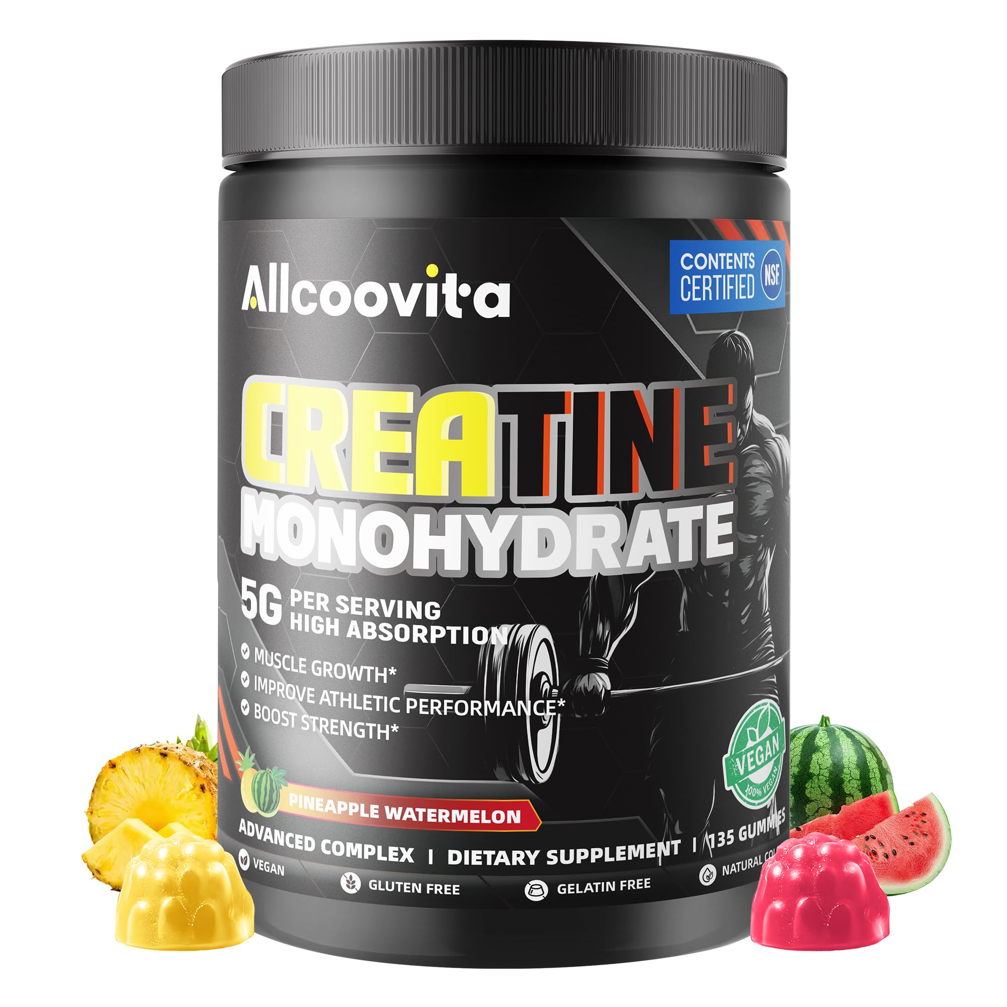 Allcoovita Creatine Monohydrate Gummies for Men & Women. Boost Focus,Strength, and Endurance, Anti-Melting Formula, Vegan, Gluten-Free, Non-GMO,(Pineapple & Watermelon135 ct) Pineapple & Watermelon 135 Count (Pack of 1)