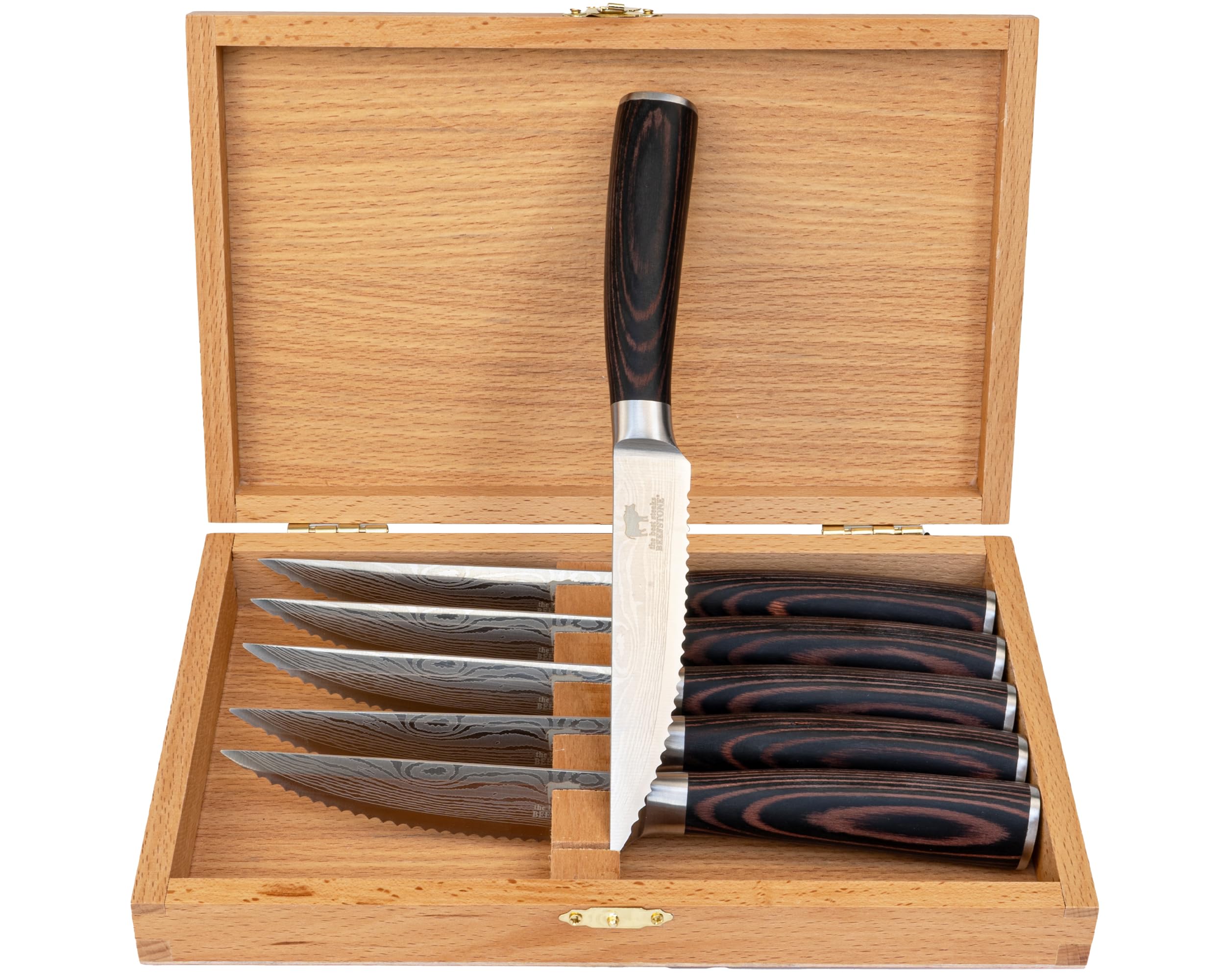 Set de 6 couteaux à steak, couteaux de chef professionnels, manche ergonomique en bois, lame dentelée, idée cadeau avec boîte en bois pour rangement