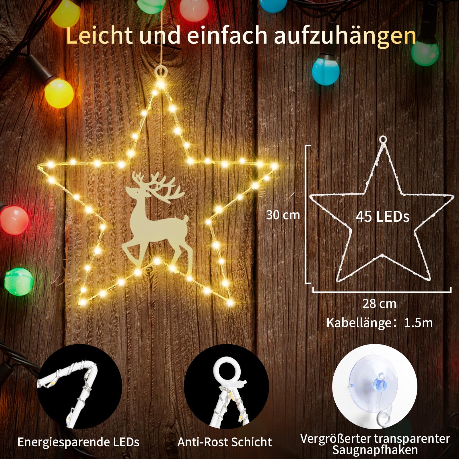 Catena luminosa con stelle decorative natalizie, 3 pezzi, 45 LED, funzionamento a batteria, illuminazione natalizia con timer, luci natalizie, decorazione per finestre, balcone, bianco caldo
