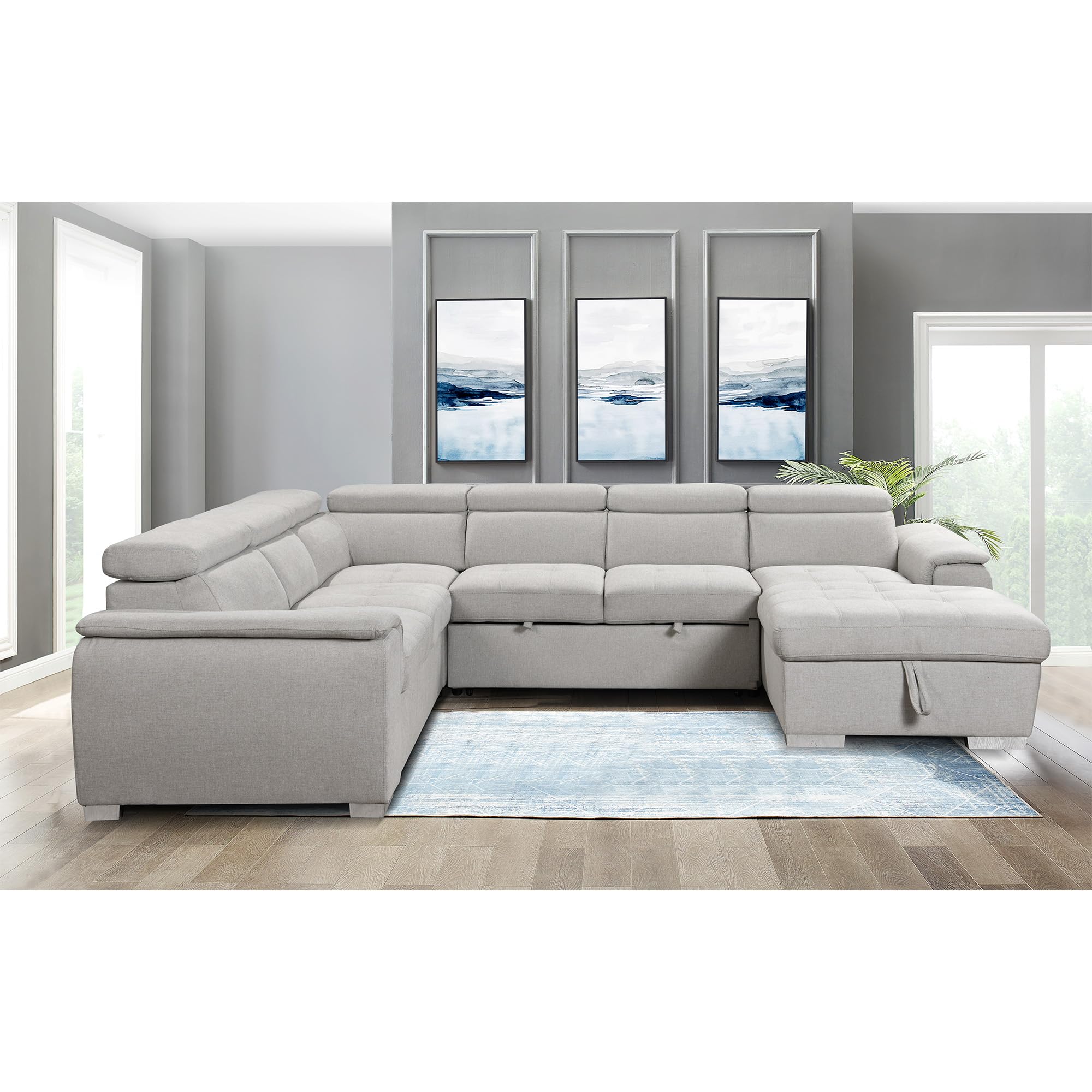 U-Shaped 7 Seaters Oversized Corner Modular Tufted Upholstered Sleeper Sectional Sofa Convertible Spacious Sofabed W/Pull Out Couch Bed, Storage Chaise and Headrests for Living Room Furniture Sets (Box 2 of 3 only)
