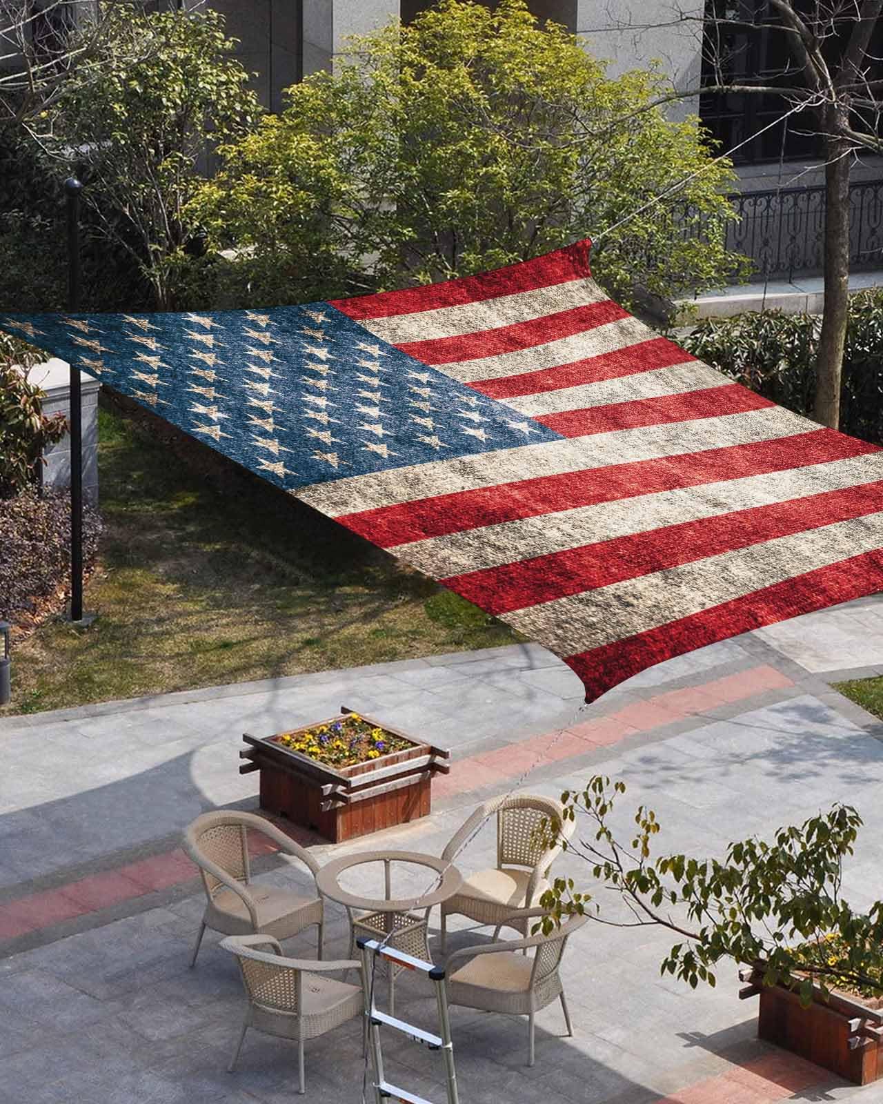 Waterproof Sun Shade Sail Independence Day Vintage Mottled American Flag Outdoor Patio Sun Shades Canopy UV Block Water Resistant Sunshade for Garden Backyard Deck Pergola 12x16 Ft