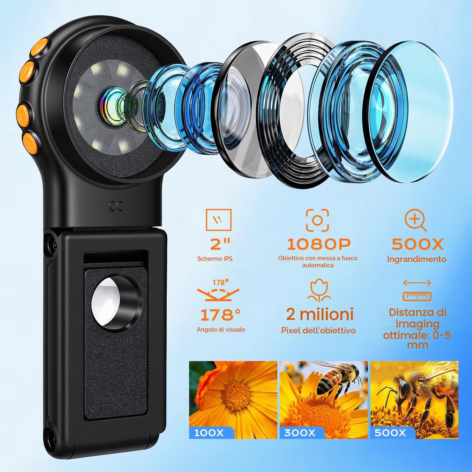 Microscopio Digitale 500X Magnifica Microscopio Portatile Tascabile Microscopio Elettronico 2.0‘’ IPS Lente d'ingrandimento con 8 Luci Regolabili per Insetti Piante Monete, Compatibile con Mac Windows