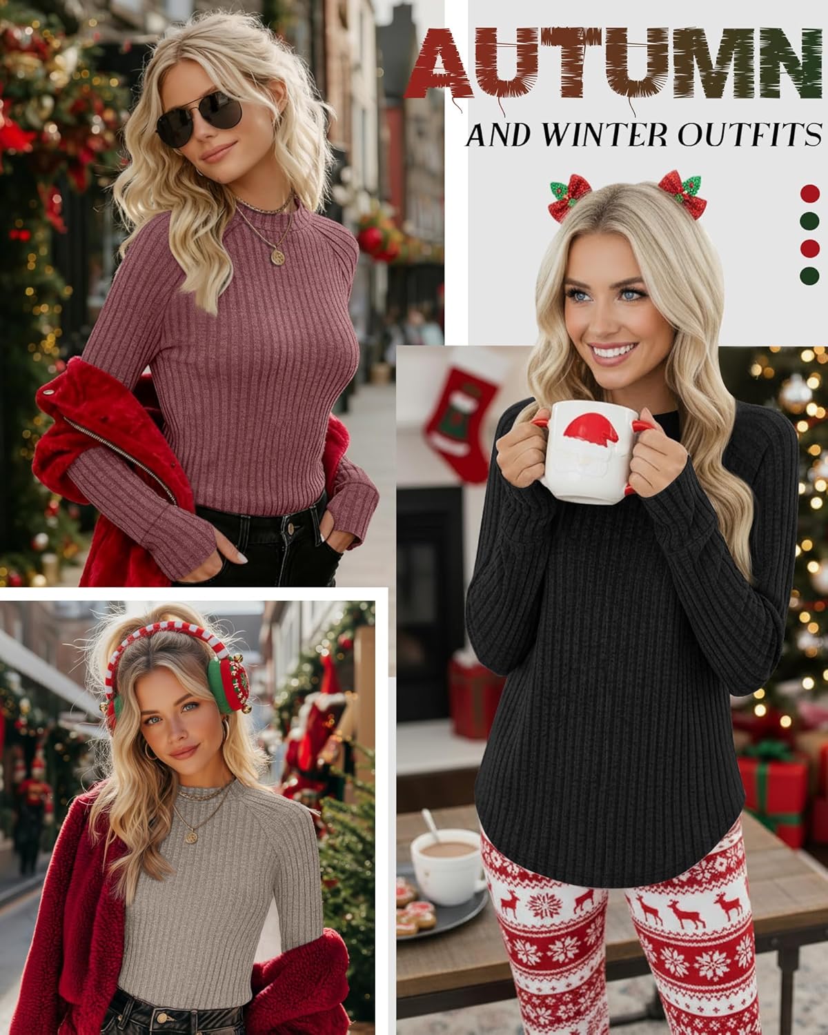 3 Pack Women's Sweater Long Sleeve Shirts Mock Turtleneck Tunic Tops Thumbhole Ribbed Curved Hem Loose Fall Clothes - Image 3