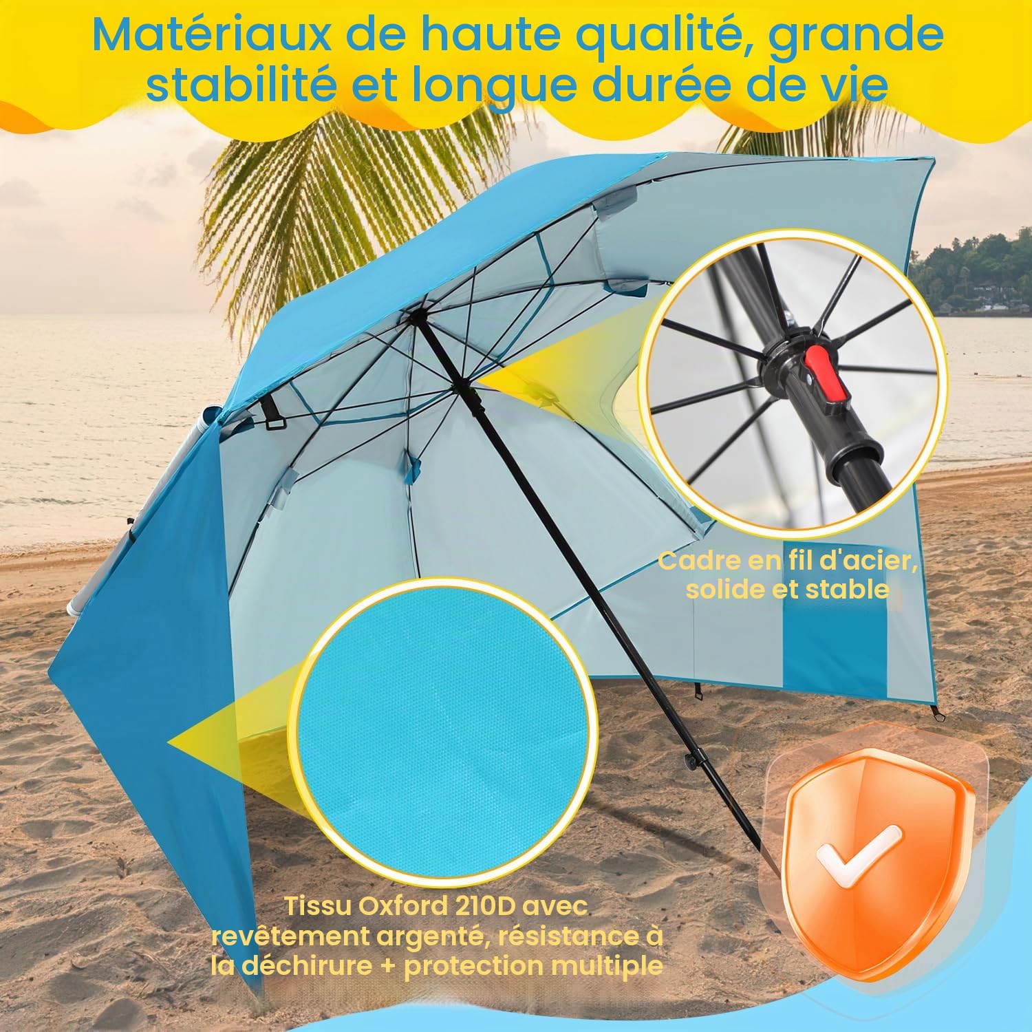 Herrselsam Parasol tente de plage | Parasol robuste 2 en 1 pour plage et jardin | Crème solaire imperméable anti-UV | Pliable multifonctionnel | Bleu ciel