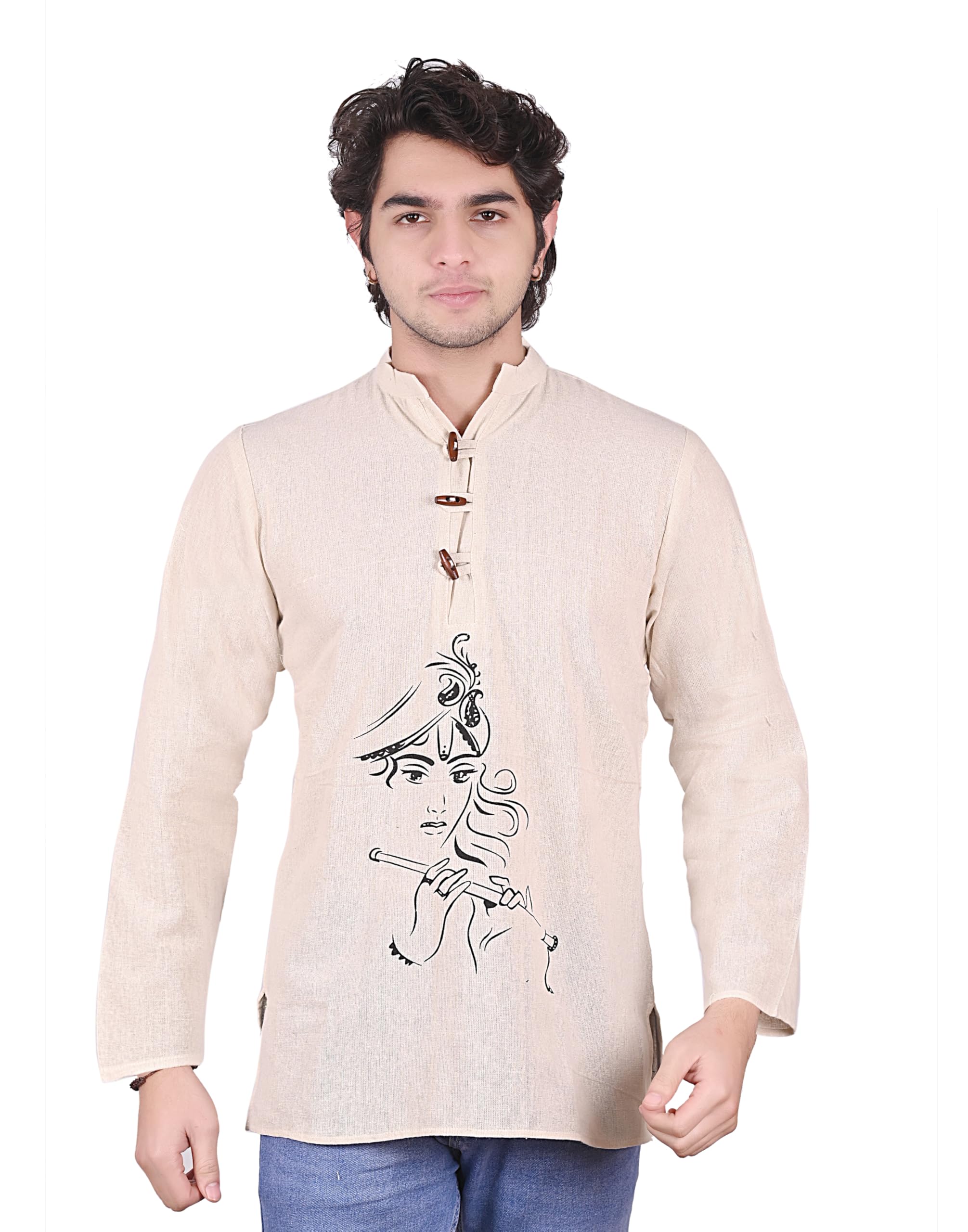 Bonkers Corner Men Cotton Khadi Kurta Casual Relaxed Fit Full Sleeve Spiritual Printed Fusion Wear Shirt Style for Men in multi