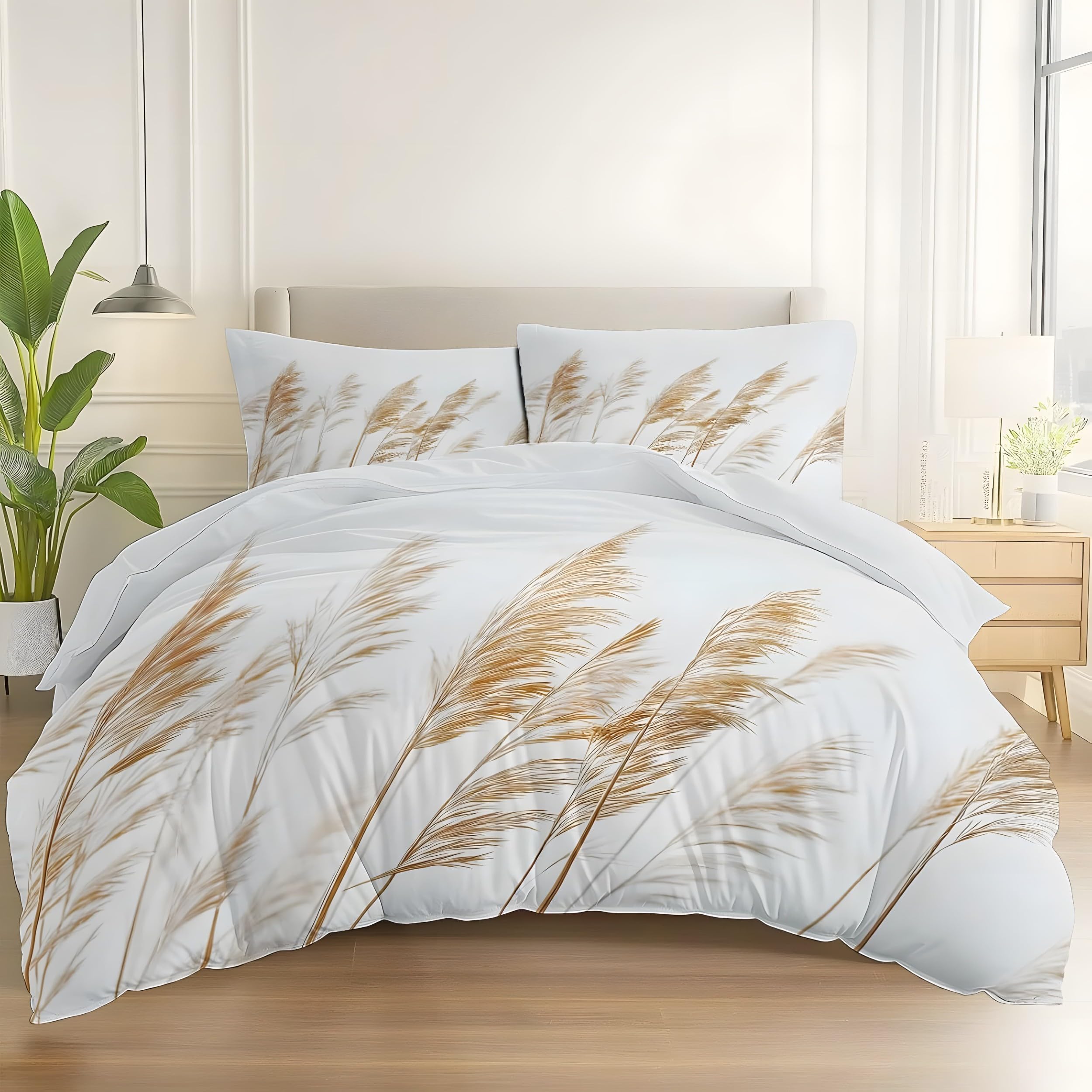 YZQGLHP Brown Reeds Small Double Duvet Cover Set 135x220cm – 3D Print Plants Lightweight Microfiber Bedding, Soft Quilt Cover with Zipper & 2 Pillowcases 50x75cm