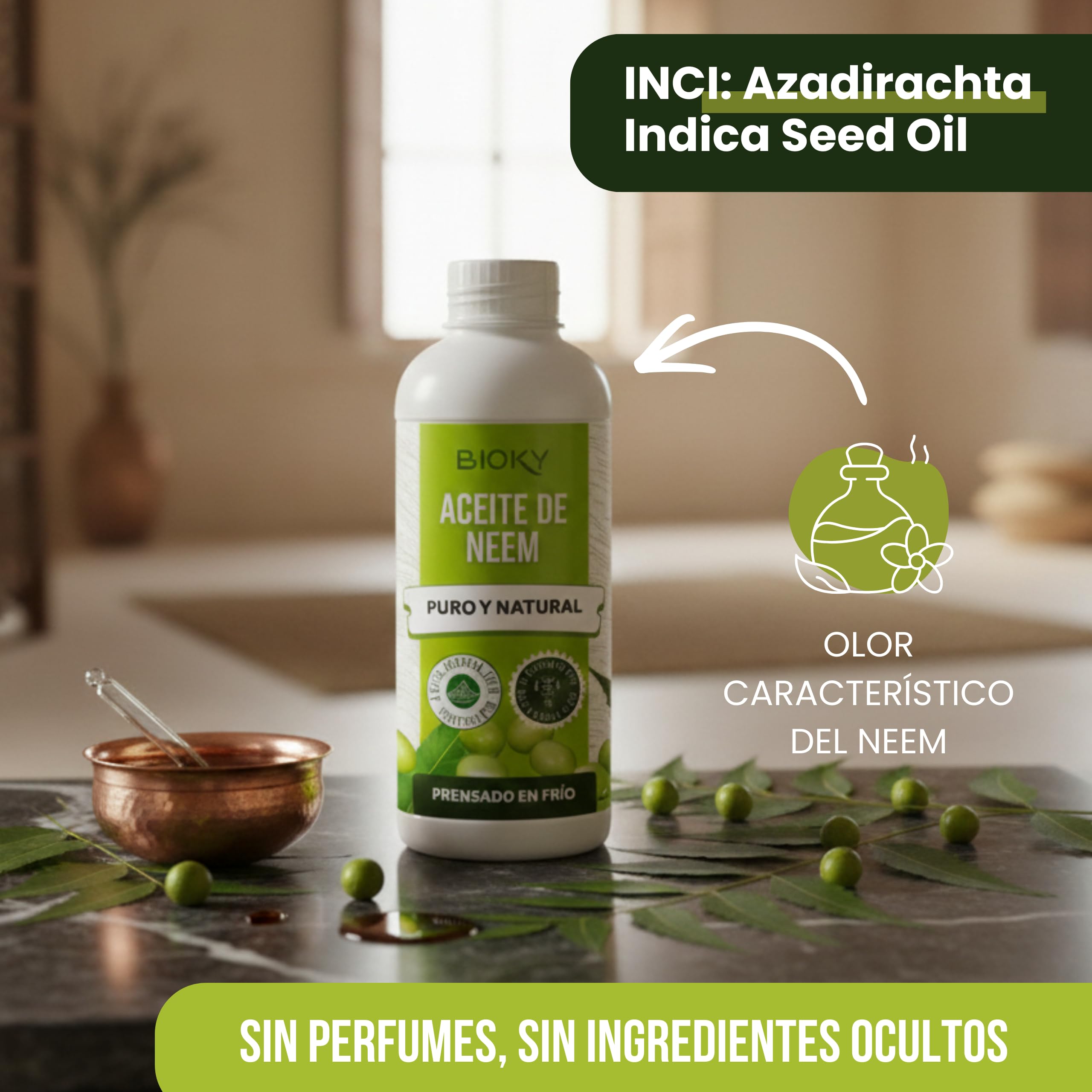 Bioky Aceite de Neem 2 Litros (Pack 1L + 1L) | Neem Puro y Natural - Extraído 1ª Presión en Frío | Aceite Multiusos