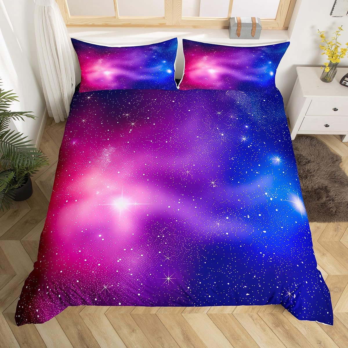 Homewish Pink Blue Galaxy Duvet Cover Super King for Kids Teens Adults,Dreamy Starry Sky Quilt Cover,Outer Space Bed Set,Polar Lights Bedding Set with 2 Pillowcases Bedroom Decor