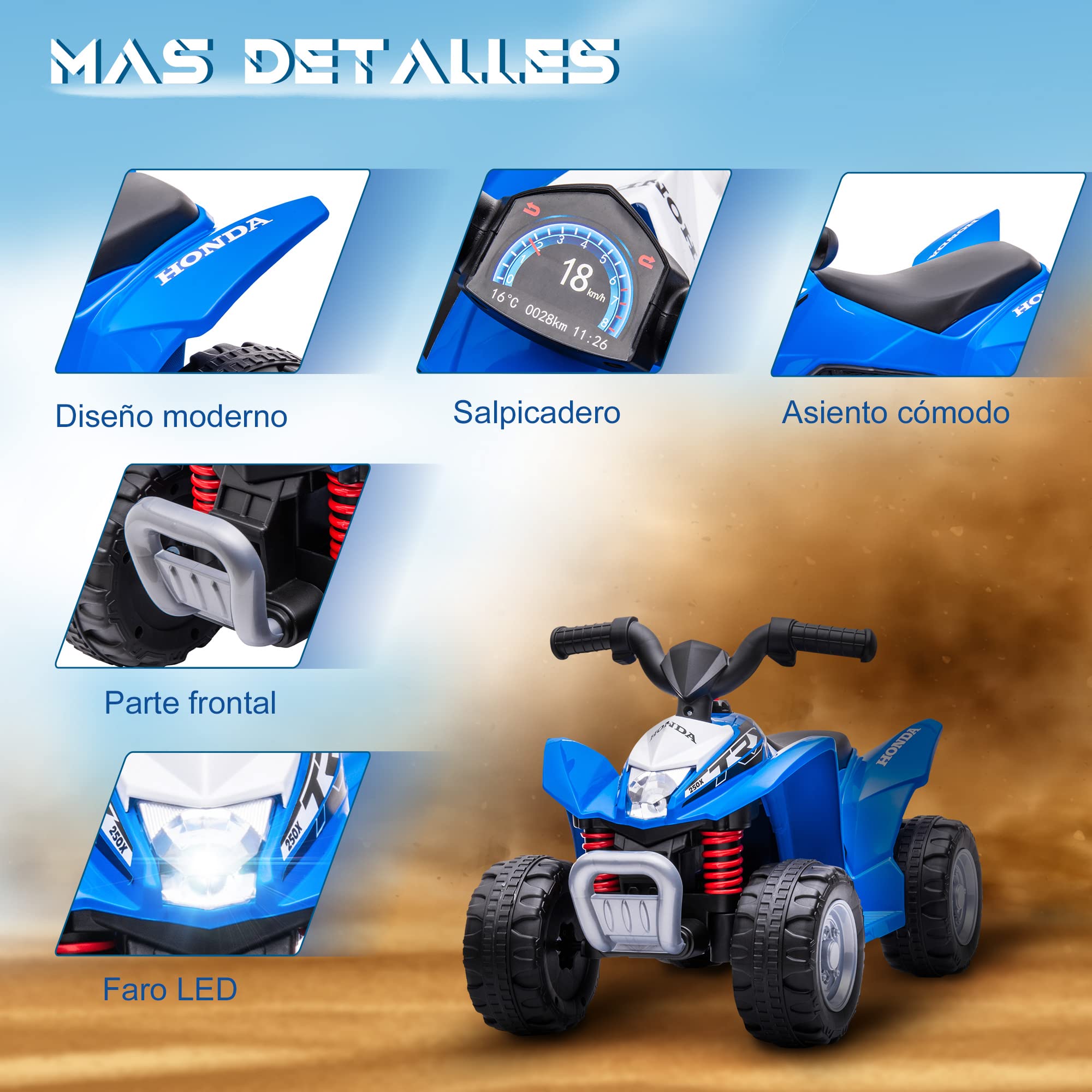 AIYAPLAY Quad Eléctrico Honda 6V para Niños 18-36 Meses con Faros LED, Bocina, 2.8 km/h, 65.5x38.5x43.5 cm, Azul