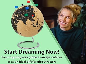 Vaudagio Elegant Cork Globe with Push Pins [120 pcs] 10 Tall Travel Globe | Rotating Cork Globe Push Pin Globe & World Travel Map for Globetrotters Ideal Gift Idea as Travel Tracker to Mark Places