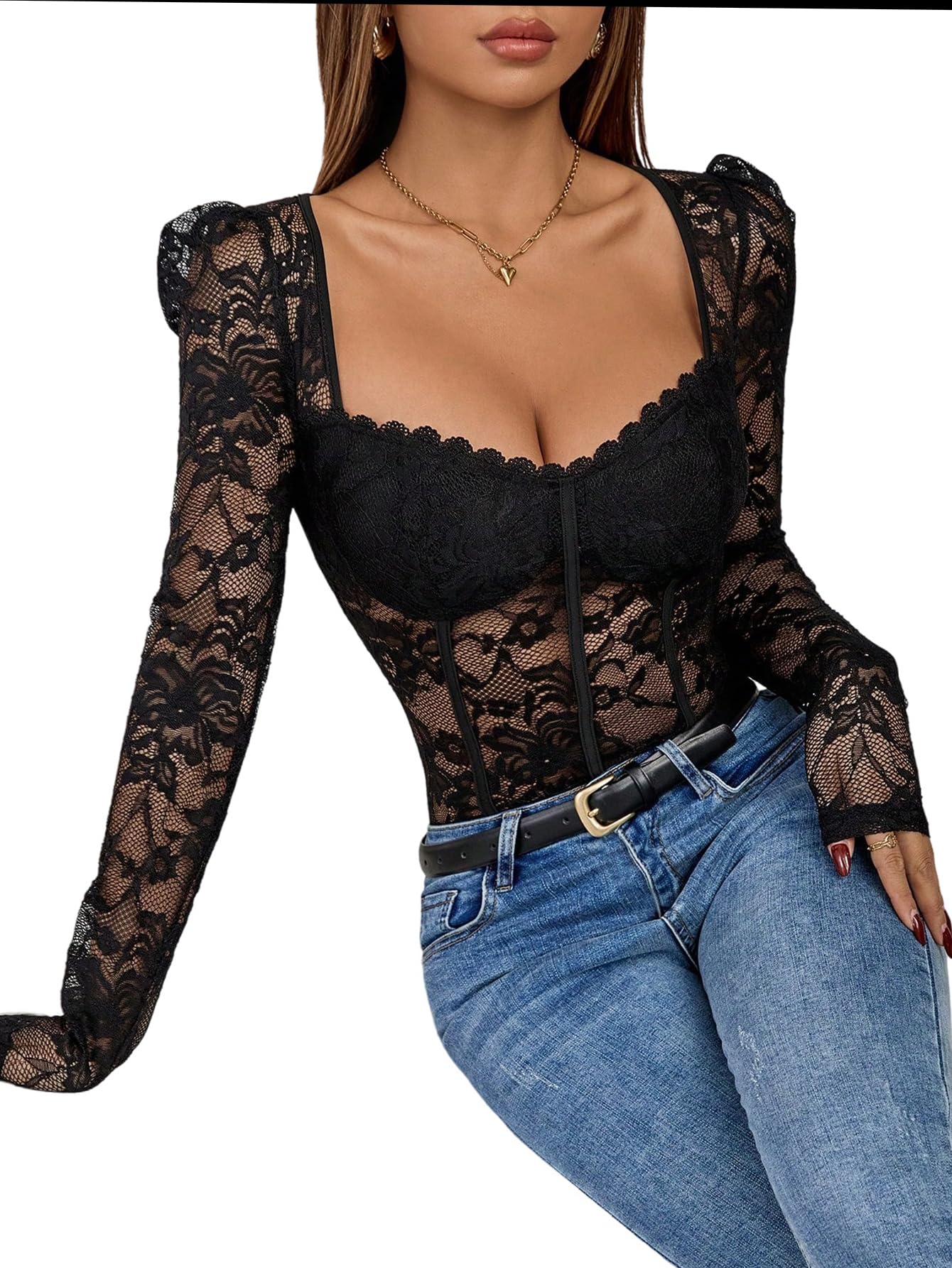 GORGLITTER Body Damen mit Spitze Langarm Bodies Durchsichtig Spitzenbody Herzausschnitt Shapewear Puffärmel Bodysuit Party Outfit Herbst