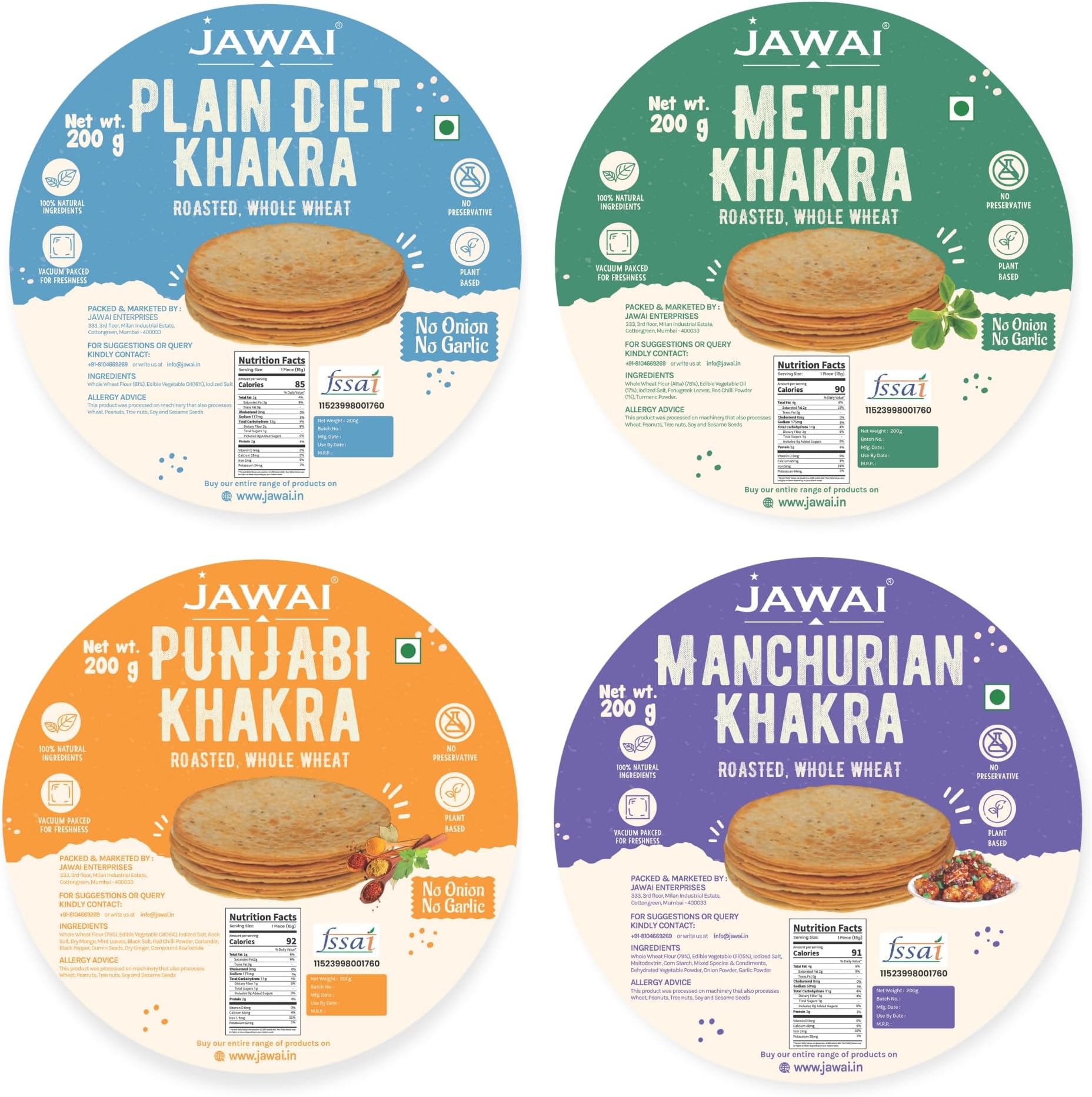 JAWAI ROASTED WHOLE WHEAT KHAKRA COMBO- Plain Diet, Methi, Manchurian, Punjabi Khakhra, Plant Based, Ready To Eat Healthy Snacks, Vaccum Packed (Pack of 4-200 gms each)