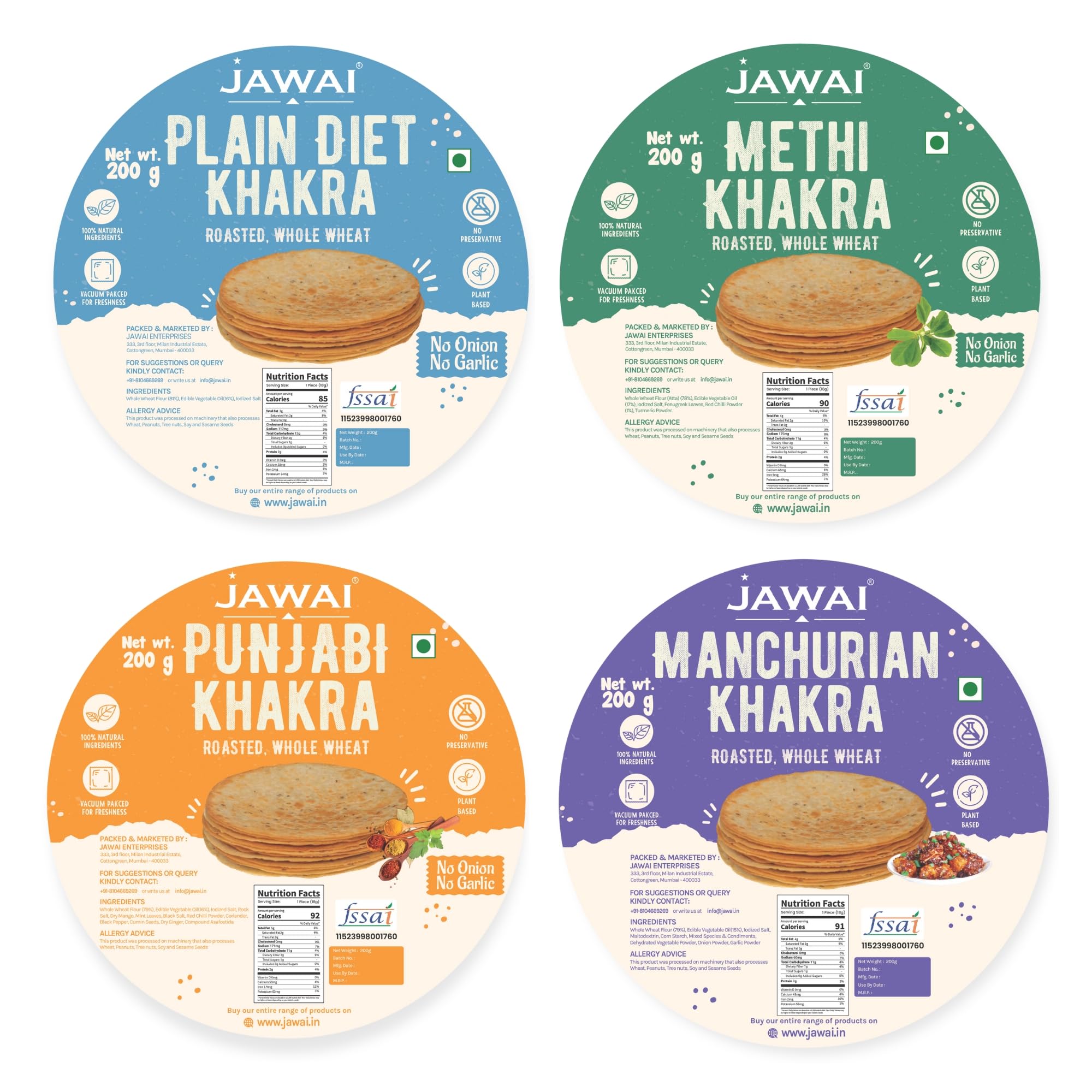 JAWAI ROASTED WHOLE WHEAT KHAKRA COMBO- Plain Diet, Methi, Manchurian, Punjabi Khakhra, Plant Based, Ready To Eat Healthy Snacks, Vaccum Packed (Pack of 4-200 gms each)