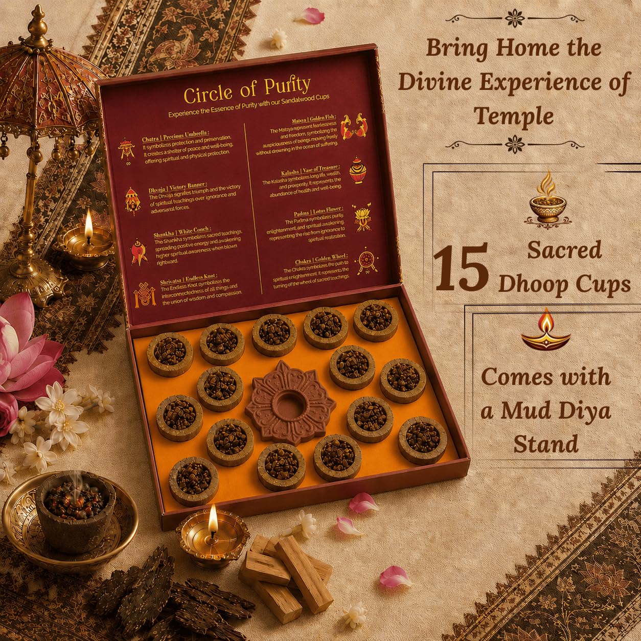 Mangaldeep Temple Sandalwood Incense Cups - 15 Cups -4