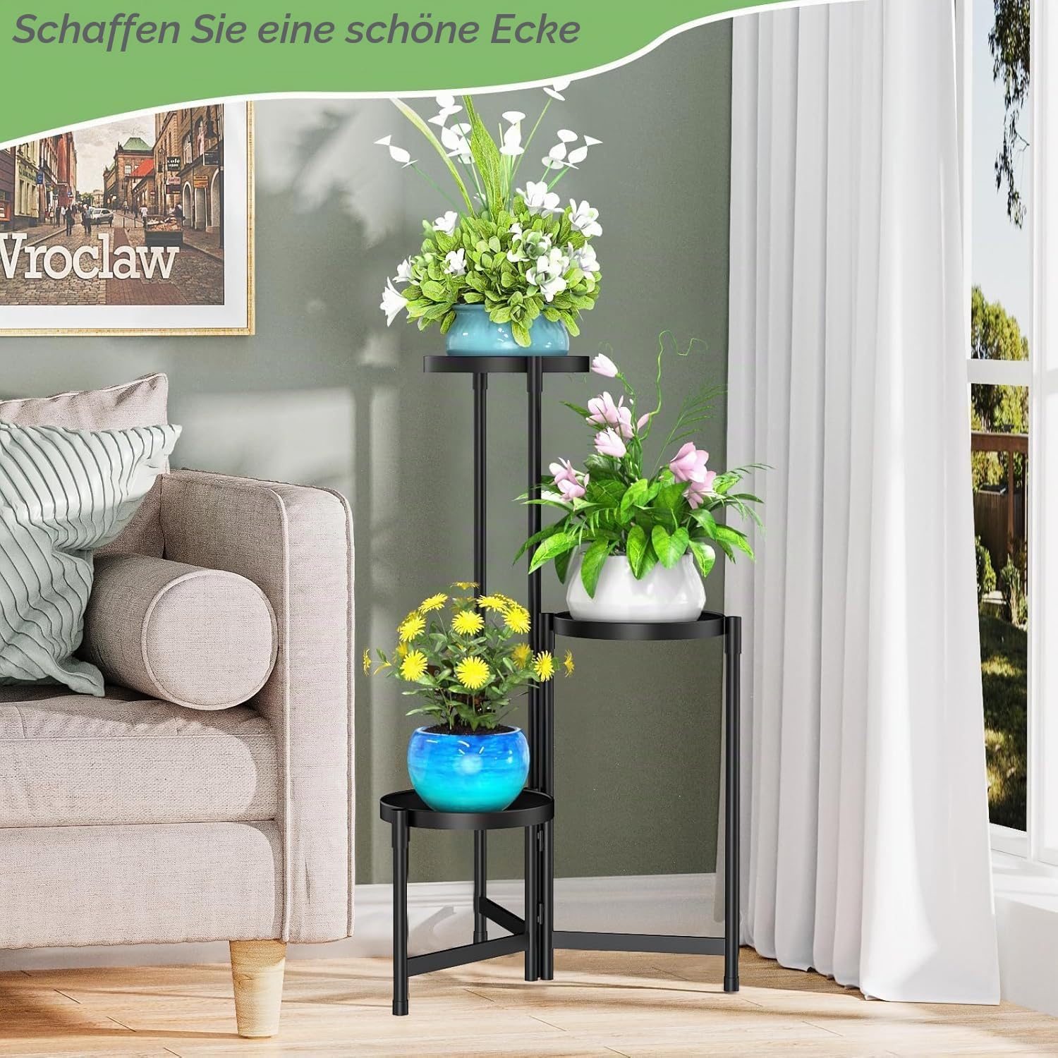 Blumenständer Metall mit 3 Ebenen, Pflanzenständer Metall mit 10 Zoll breiter Tablett, Platzsparender Blumenhocker für Zimmerecke, Wohnzimmer, Balkon, Terrasse, Hof (Schwarz)