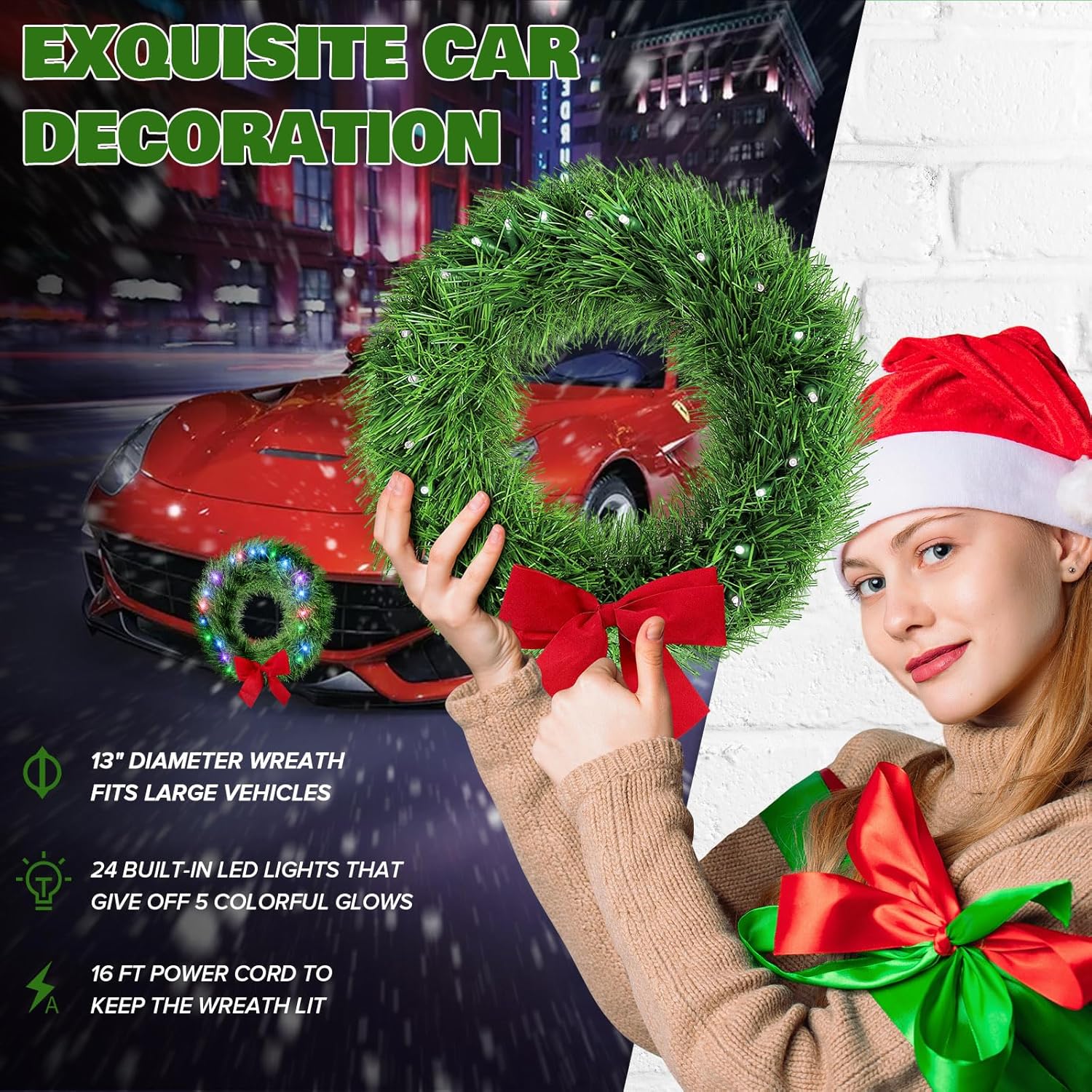 moveland 13" Light Up Christmas Wreath for Car Truck SUV - Artificial Car Wreath for Front Grill - LED Light Up Automotive Decoration Grill Ornament Mount Xmas