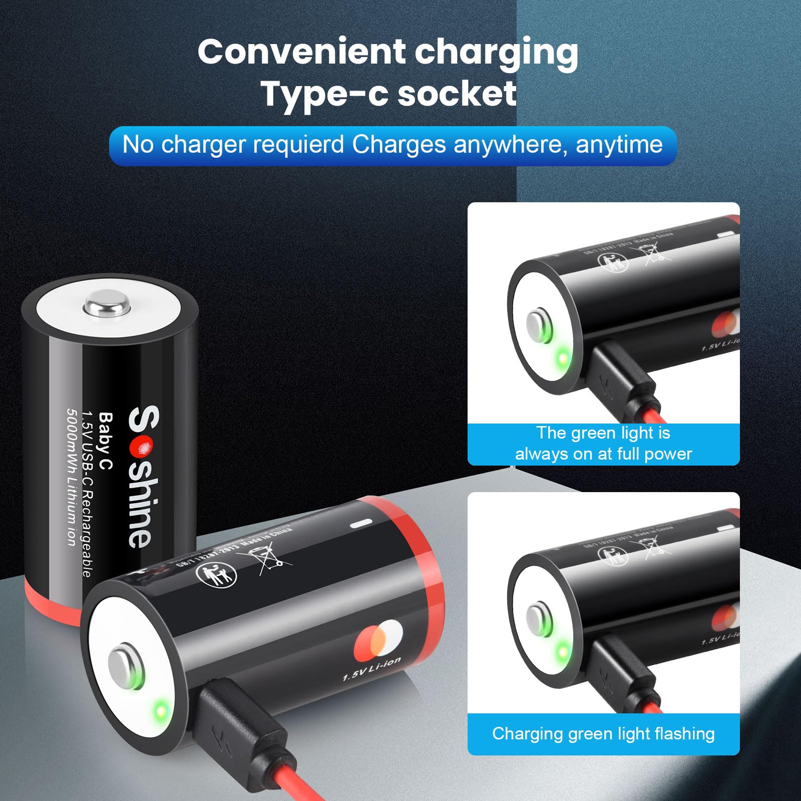 Soshine Rechargeable C Batteries with USB-C Charging Cable, 1.5v Lithium LR14 C Size Battery 5000mWh for Flashlight 2 Pack