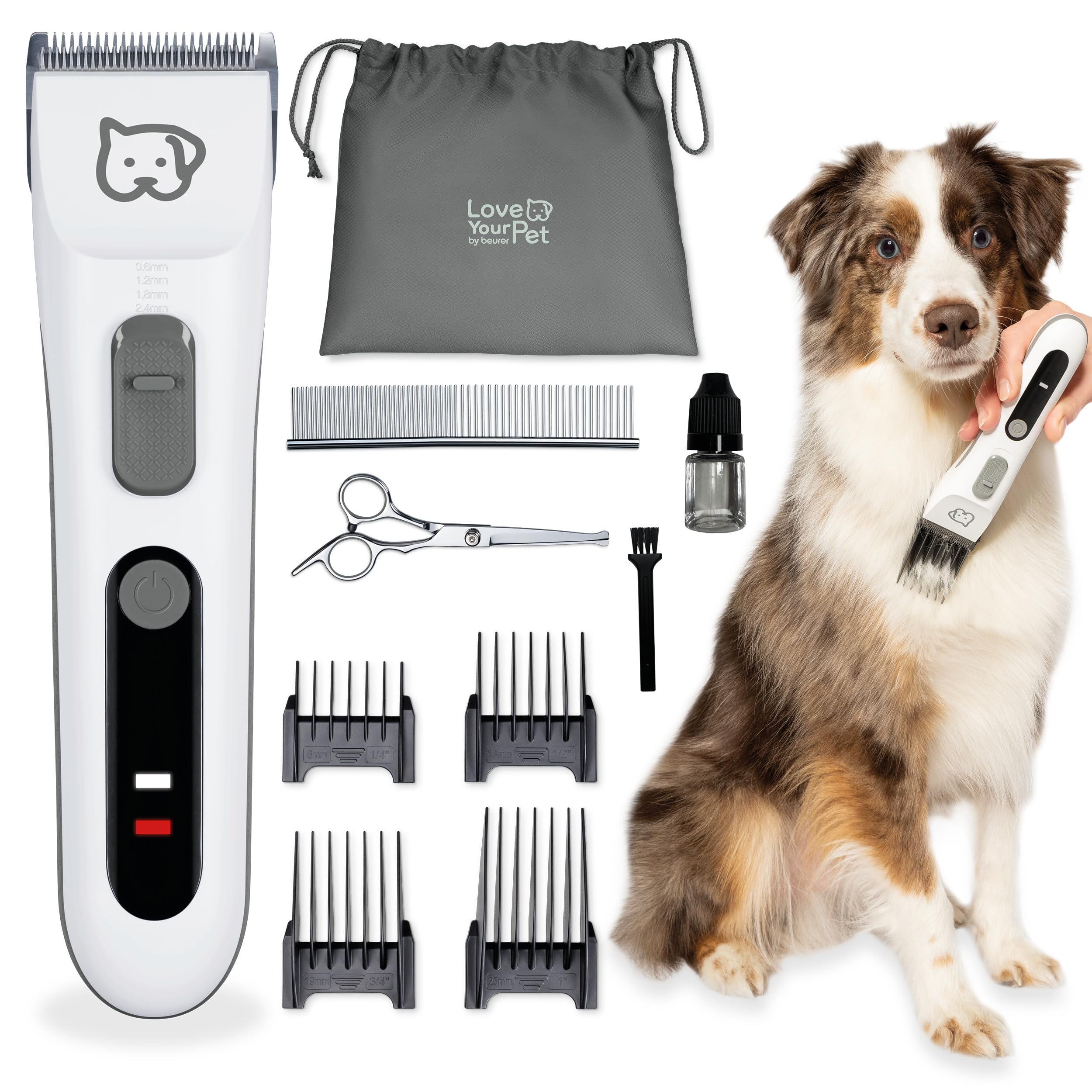 Beurer Love Your Pet Schermaschine "Fluffy" für Hunde und Katzen, leiser Trimmer, Hunderasierer für dichtes und verfilztes Fell, Tier-Haarschneidemaschine mit Akku, 9-teiliges Fellpflege-Set