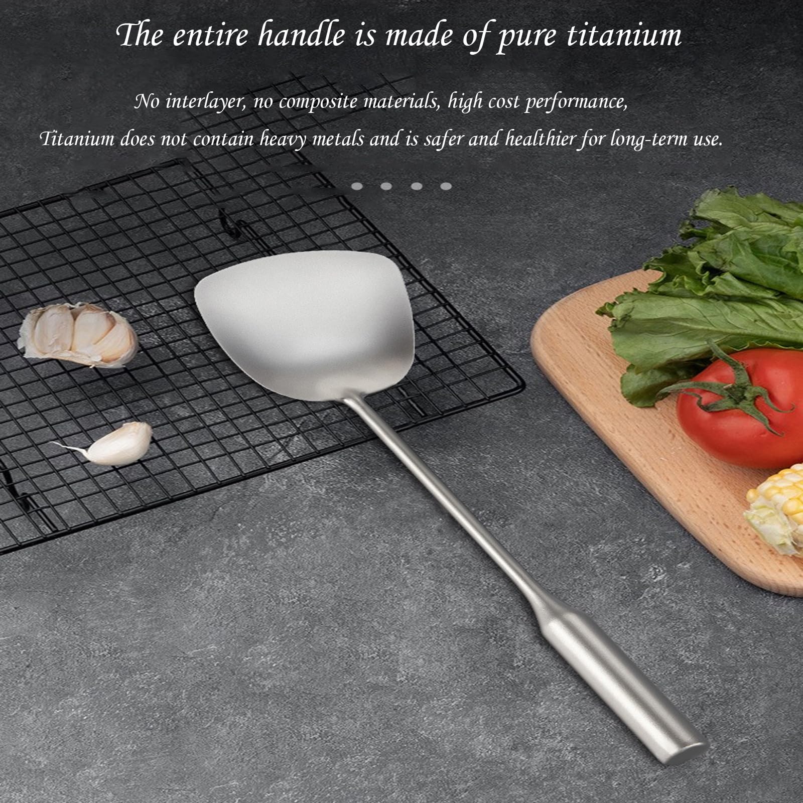 Espátula De Titanio Puro para Cocina Casera, Espátula De Cocina Individual con Mango De Madera, Cuchara Especial para Verduras De Gran Tamaño para Chef