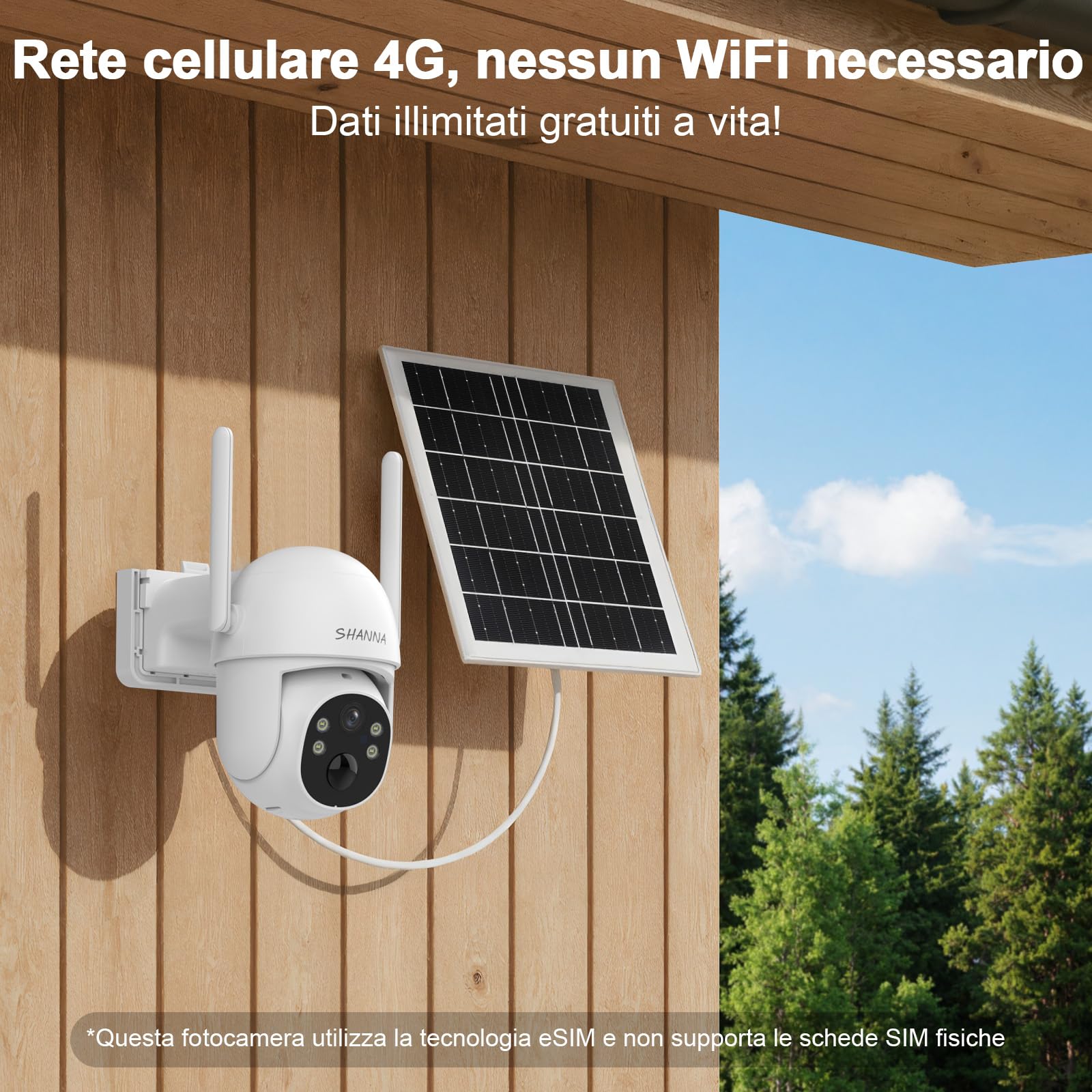 [Dati illimitati gratuiti a vita]Telecamera con eSIM 4G da Esterno,2K Telecamera 4G con Pannello Solare da 6 Watt,Zero costi mensili,7800mAh Batteria,Visione Notturna a Colori,Tracciamento Automatico