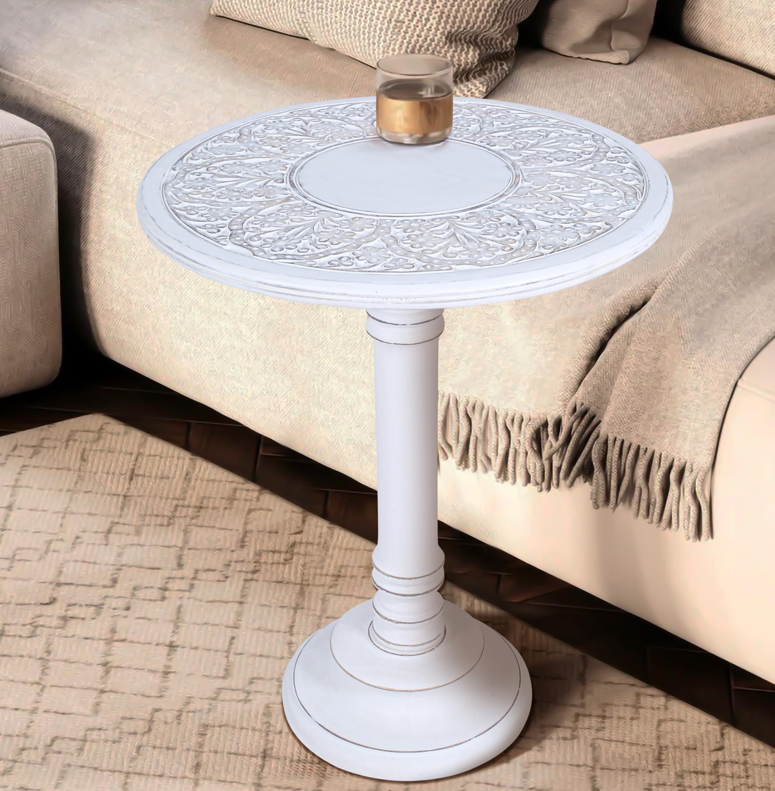 Round Side Table for Living Room – 18x22 Inch Hand-Carved Mango Wood End Table, Decorative Pedestal Nightstand Accent Table, Rustic & Vintage White