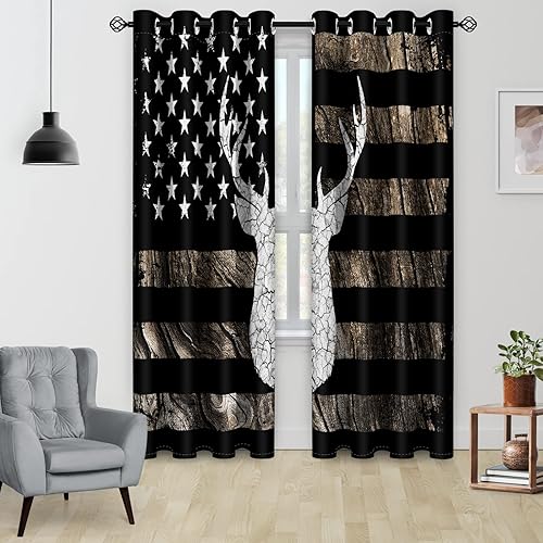 Miniatura 2 de Aimego Cortinas opacas retro con cabeza de alce, cortinas de sombreado de banderas estadounidenses, cortinas con ojales para oscurecer ventanas para