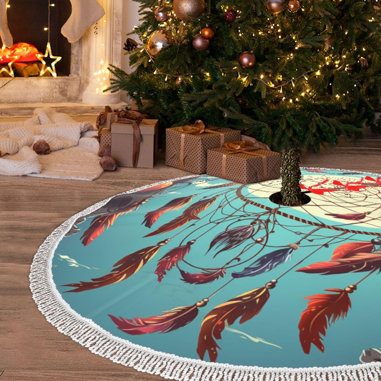 Jupe de sapin de Noël 121 cm à pompons blanche tapis déco de fête pour pied d'arbre chic