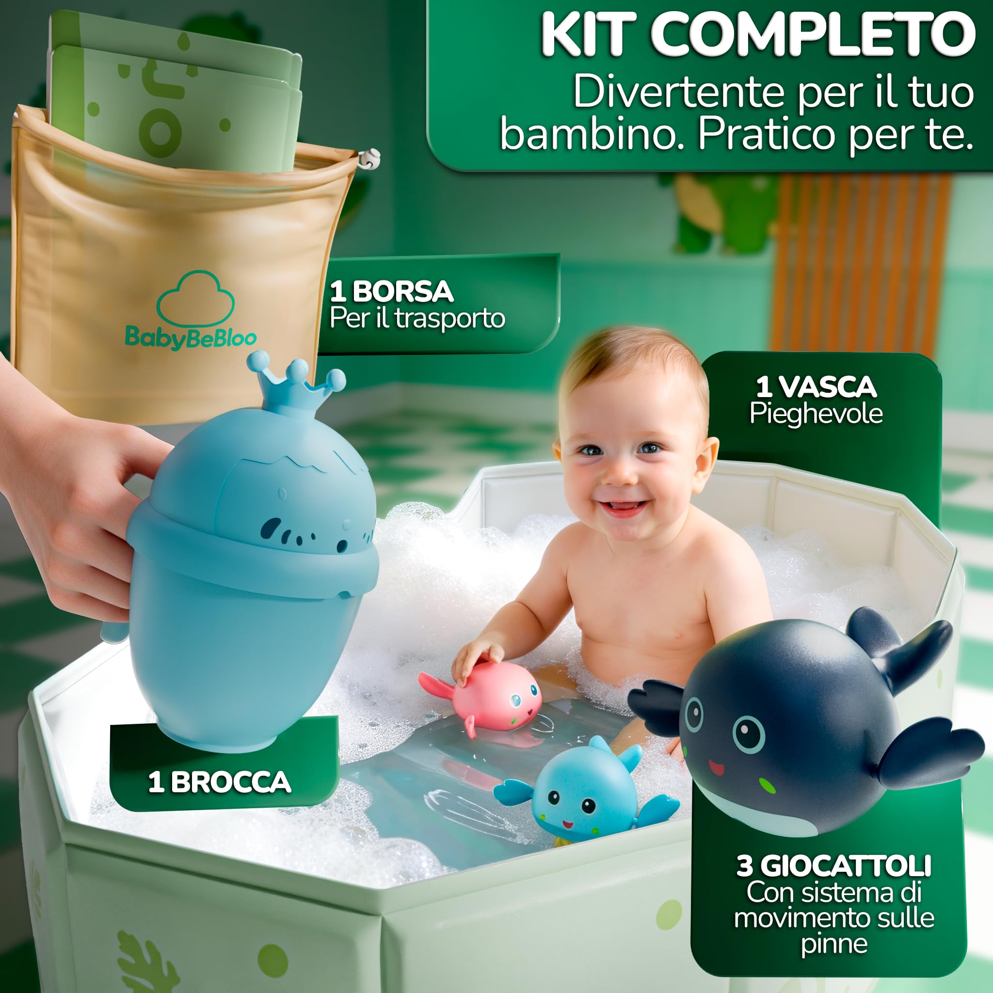 Set Vasca da Bagno Pieghevole Bambini - vasca da bagno bambini con accessori - bagnetto bambini portatile viaggio - vasca pieghevole neonato antiscivolo - kit completo con giochi e borsa