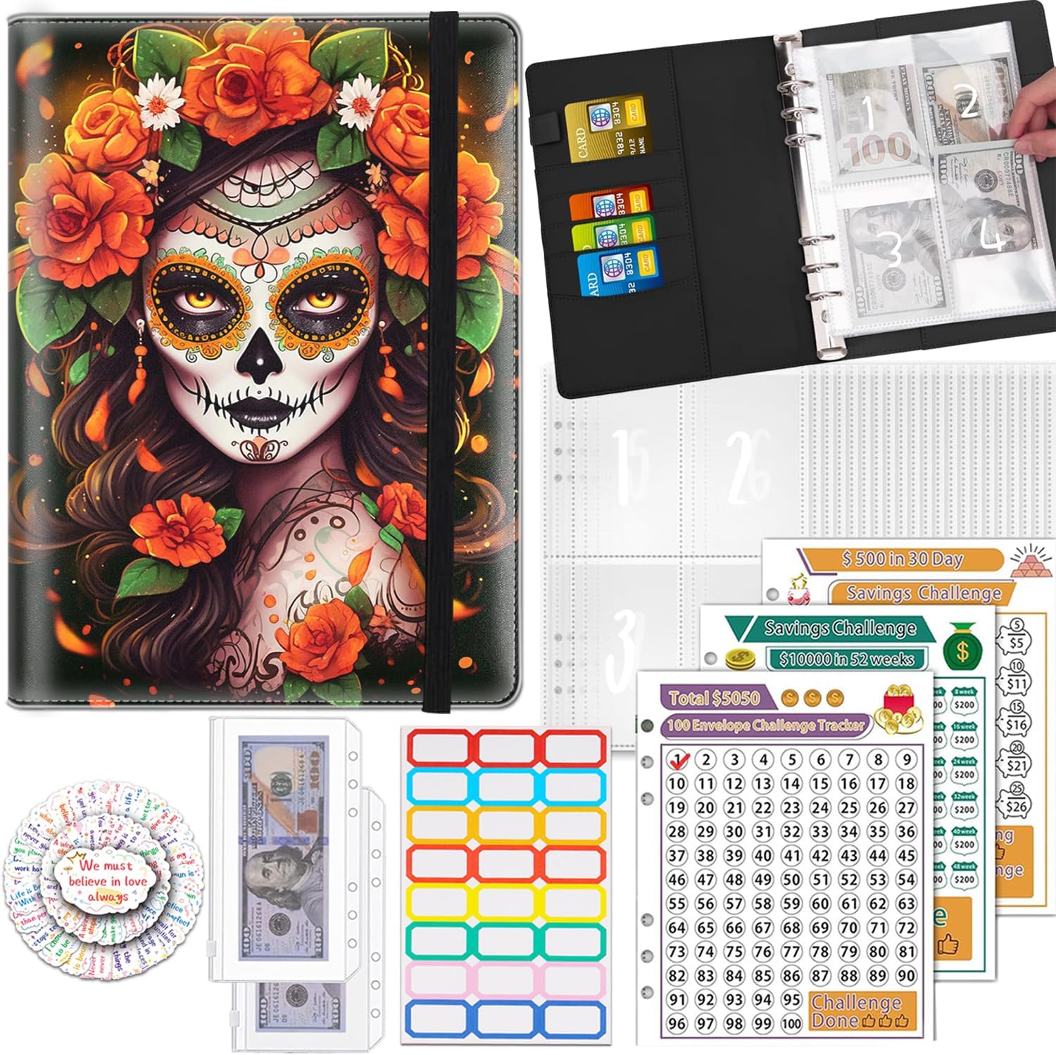 100 Envelopes Money Saving Challenge Binder, A5 Budget Binder with 25 pcs Cash Envelopes, 3 pcs Reusable Laminated Trackers Saving, Money Organizer，Sexy Woman with Roses Sugar Skull