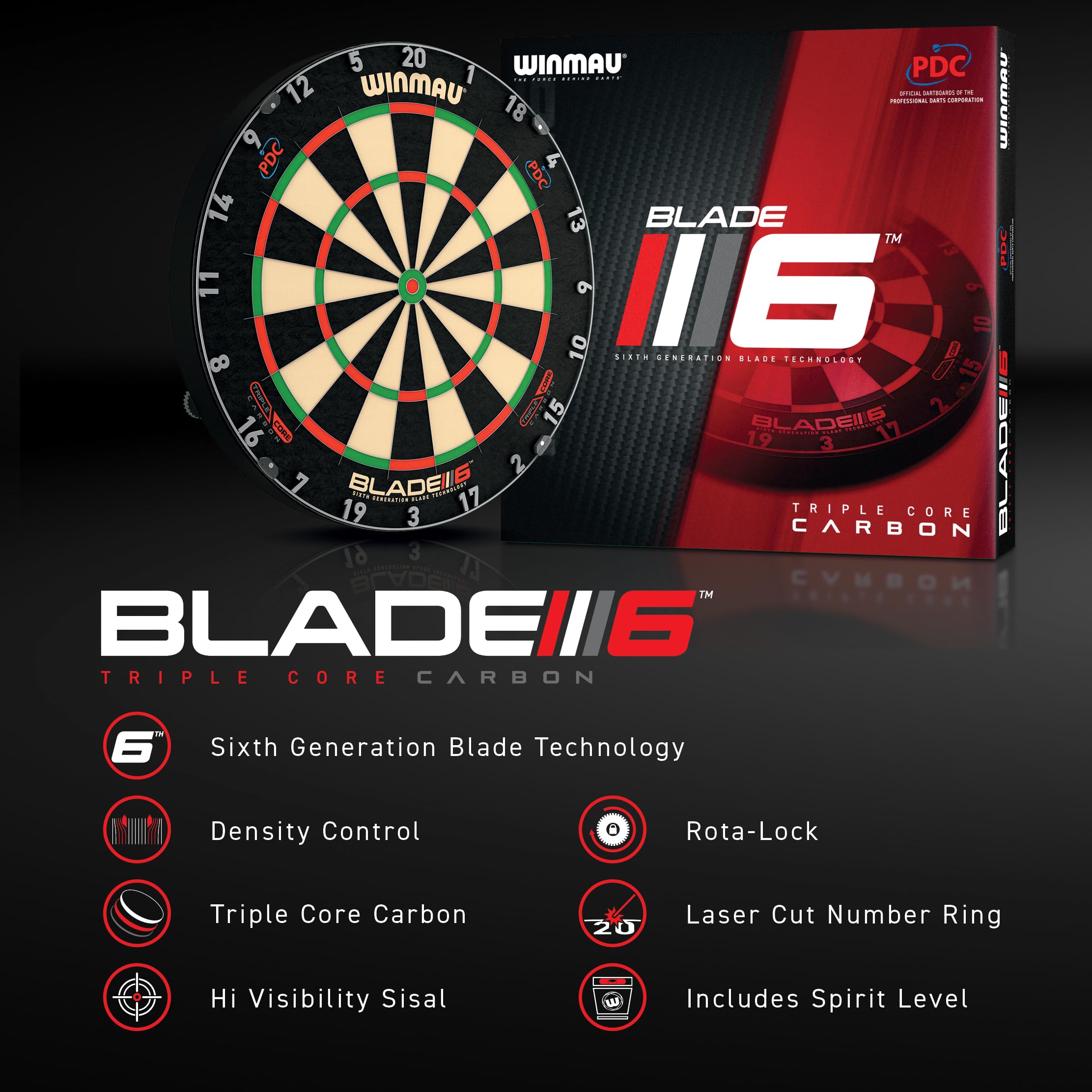 WINMAU Set di freccette Triple Core – Bersaglio professionale Winmau con bordo PDC, 2 set di freccette in acciaio, sistema Rota-Lock, bersaglio con sisal, ideale per tornei e allenamenti.