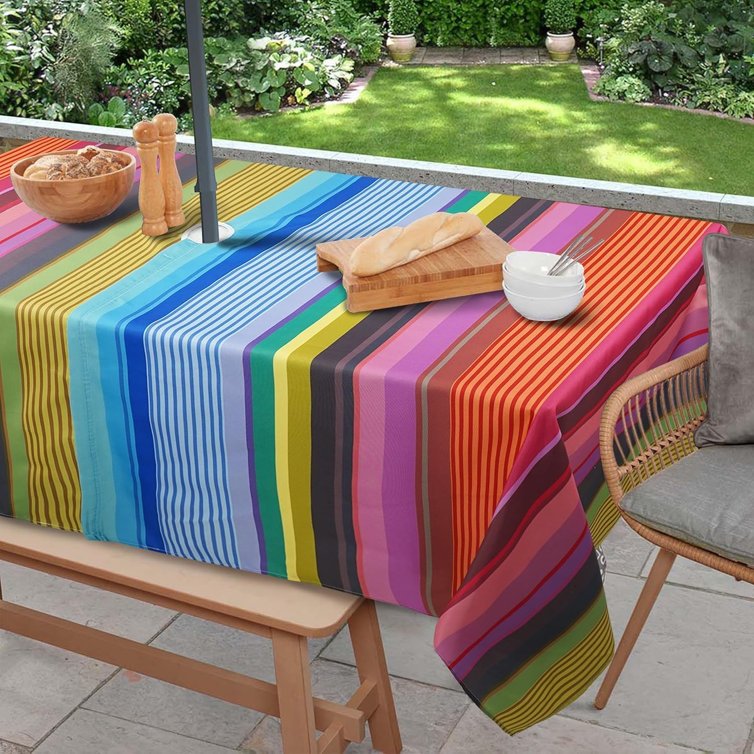 Virtumob Outdoor Tablecloth with Umbrella Hole and Zipper, Rectangle Patio Table Covers for Spring/Summer, Machine Washable Outdoor Picnic Table Cloth (02stripes, 60" × 102" Rectangular)