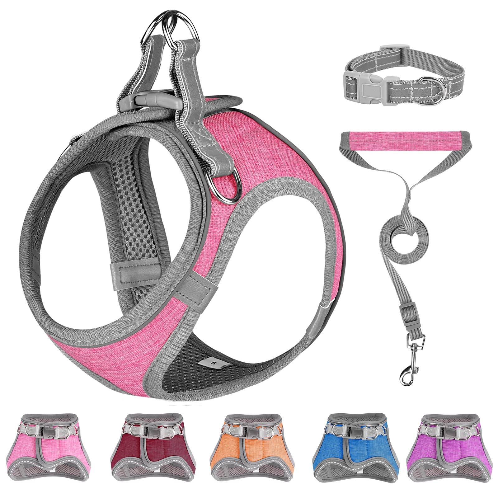 Photo 1 of 4 PACK Small Dog Harness, Puppy Harness, Soft Dog Harness and Leash Set with a Reflective Collar for Small Dogs,Comfortable and Reflective Dog Vest Harness, Pink Medium