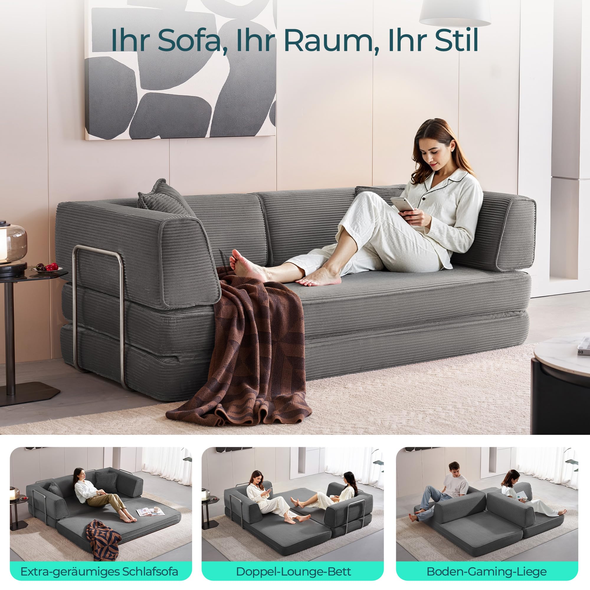 LINSY HOME Schlafsofa - Bodensofa Bed mit Pillow Back Support Armrest - Schlafsofa Klappbar 200 cm Breit- Compressed Sofa in Box - Cord Stoff für Wohnzimmer Schlafzimmer - Grau