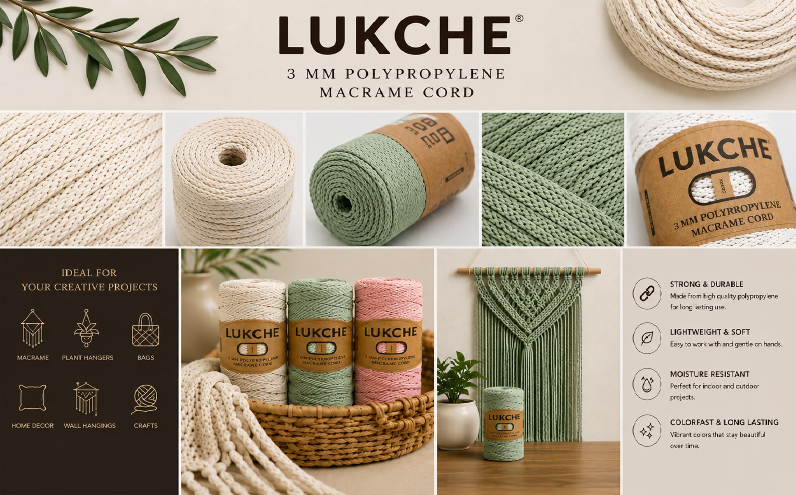 Cordón de macramé de poliéster de alta calidad de 3 mm, 2 madejas (2 x 147 yardas), cuerda de macramé 100% polipropileno de alta calidad, hilo de ganchillo para colgar en la pared, bolsos,
